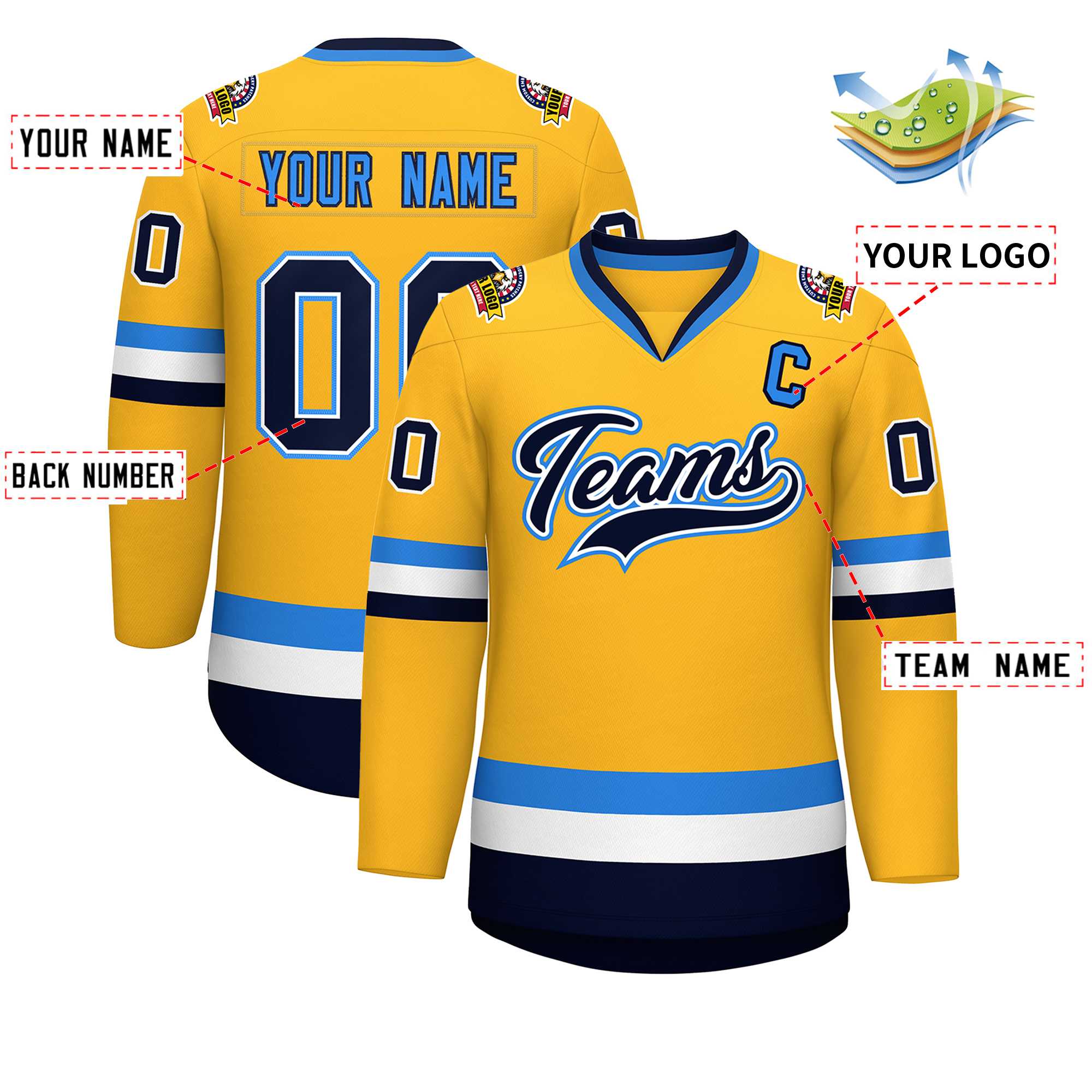 Custom Gold Navy White-Powder Blue Classic Style Hockey Jersey | KXKSHOP