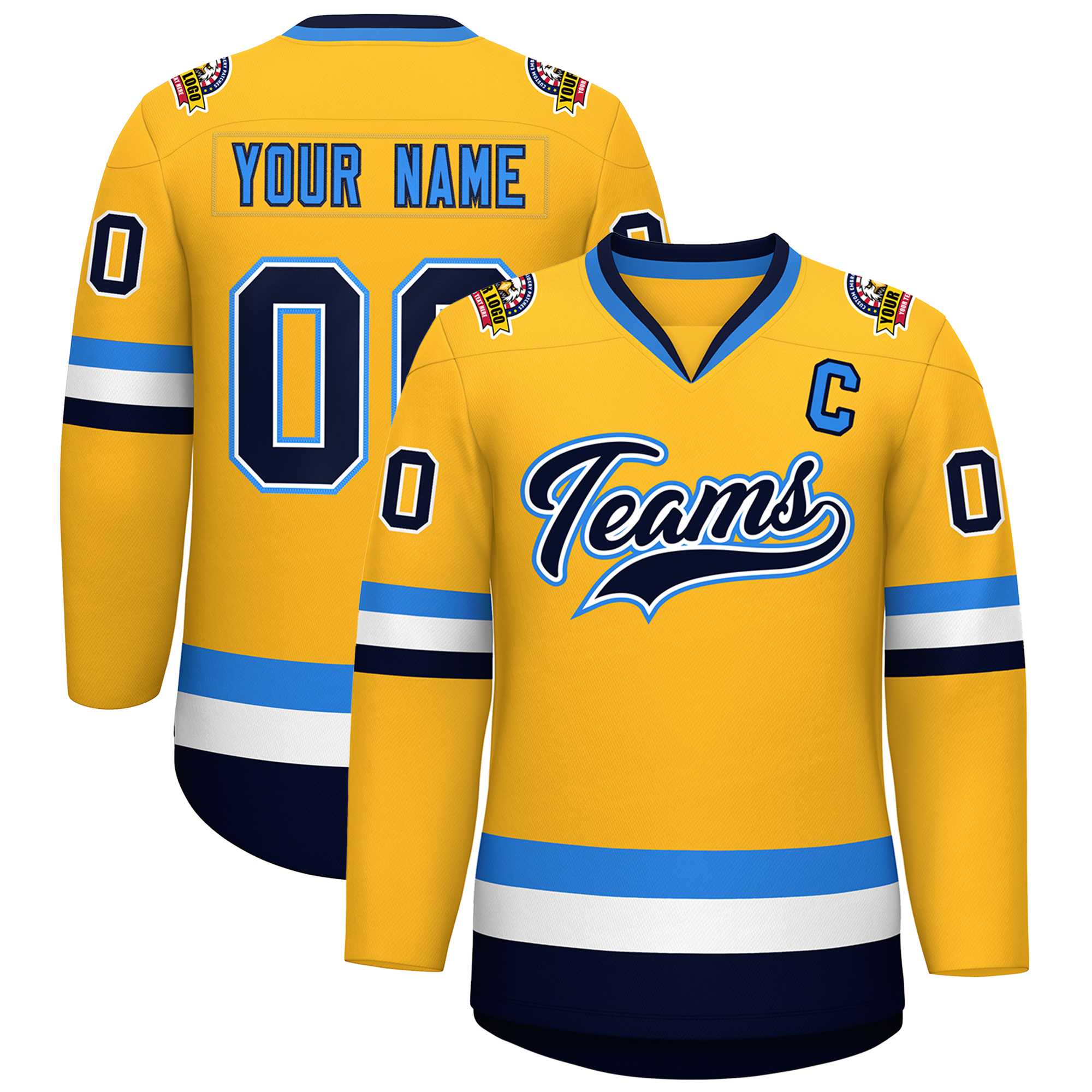 Custom Gold Navy White-Powder Blue Classic Style Hockey Jersey | KXKSHOP