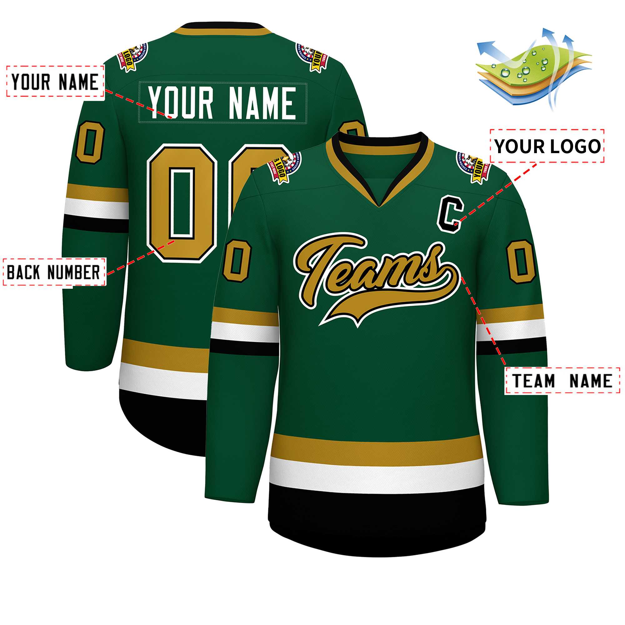 Custom Green Old Gold Black-White Classic Style Hockey Jersey | KXKSHOP