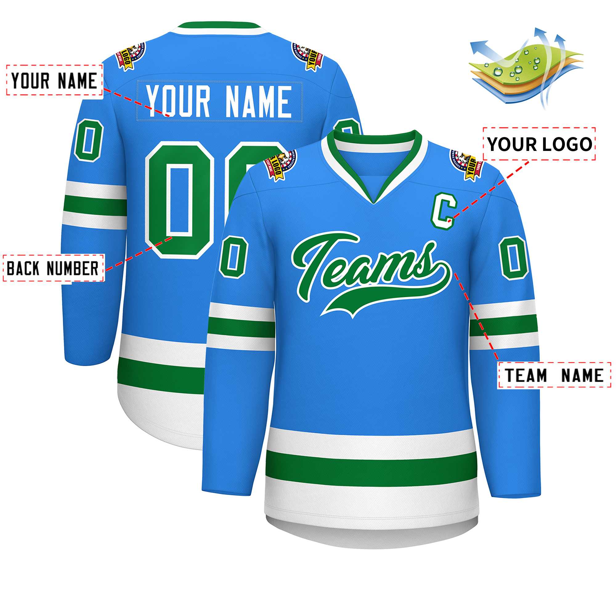 Custom Powder Blue Kelly Green-White Classic Style Hockey Jersey | KXKSHOP