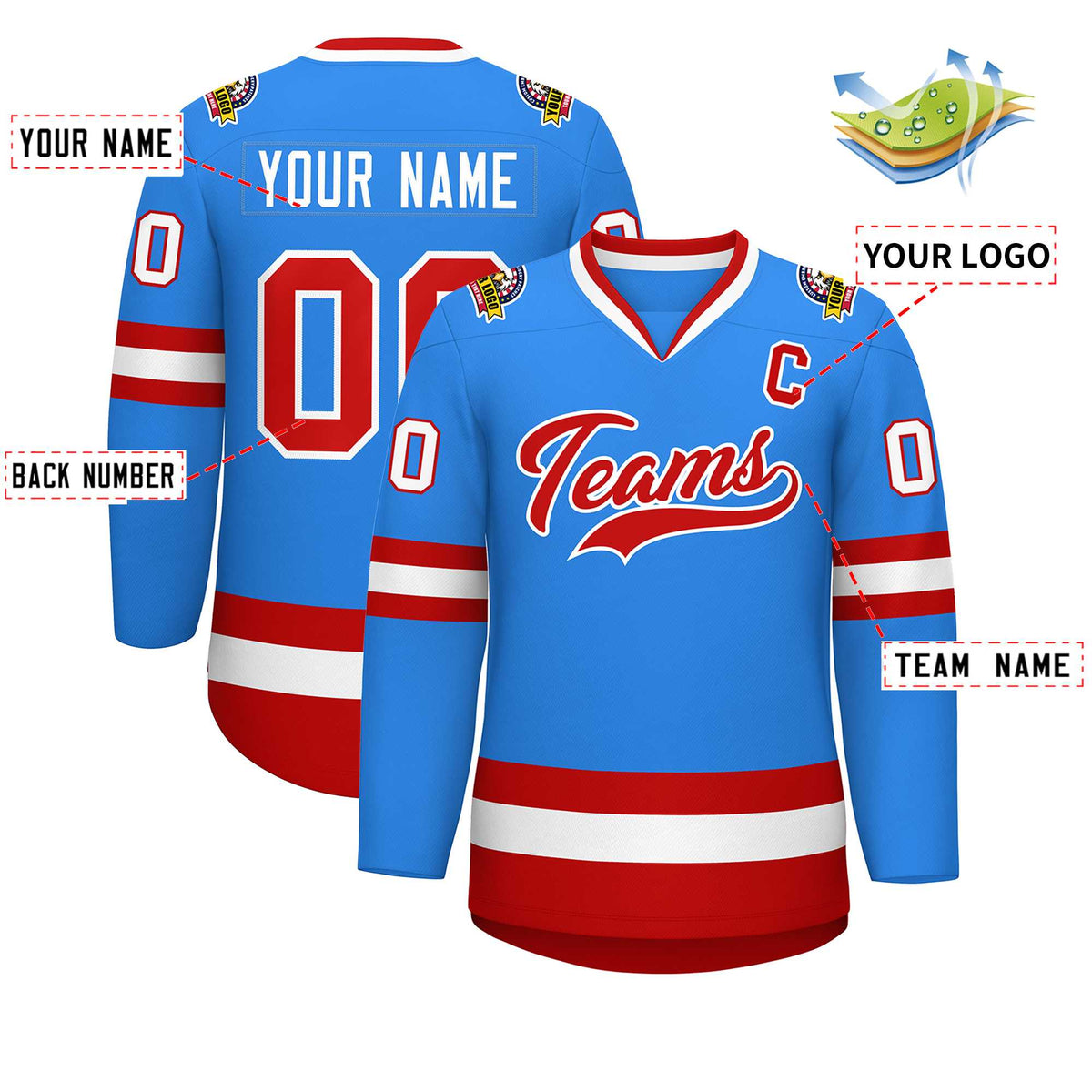 Custom Powder Blue Red-White Classic Style Hockey Jersey | KXKSHOP