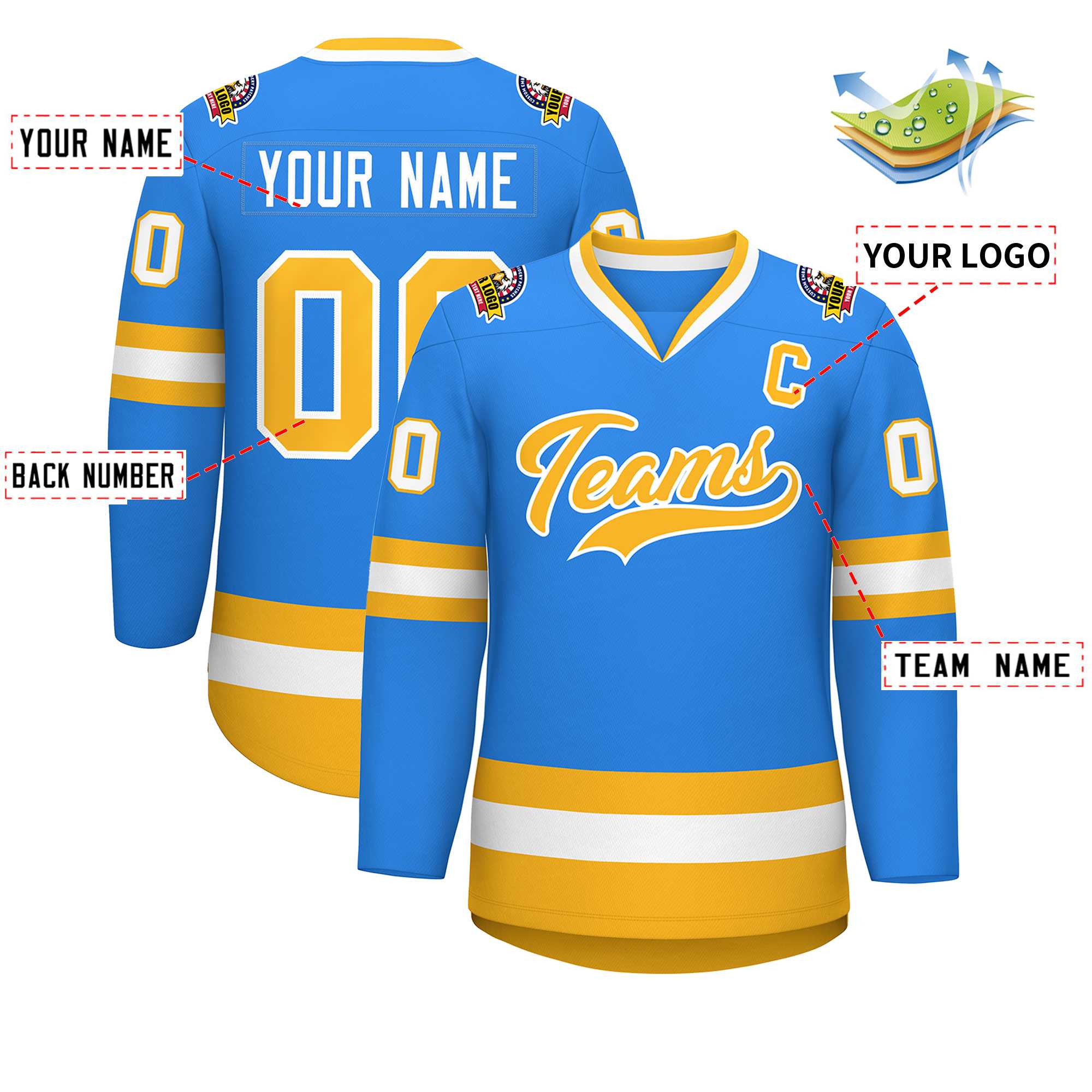 Custom Powder Blue Gold-White Classic Style Hockey Jersey | KXKSHOP