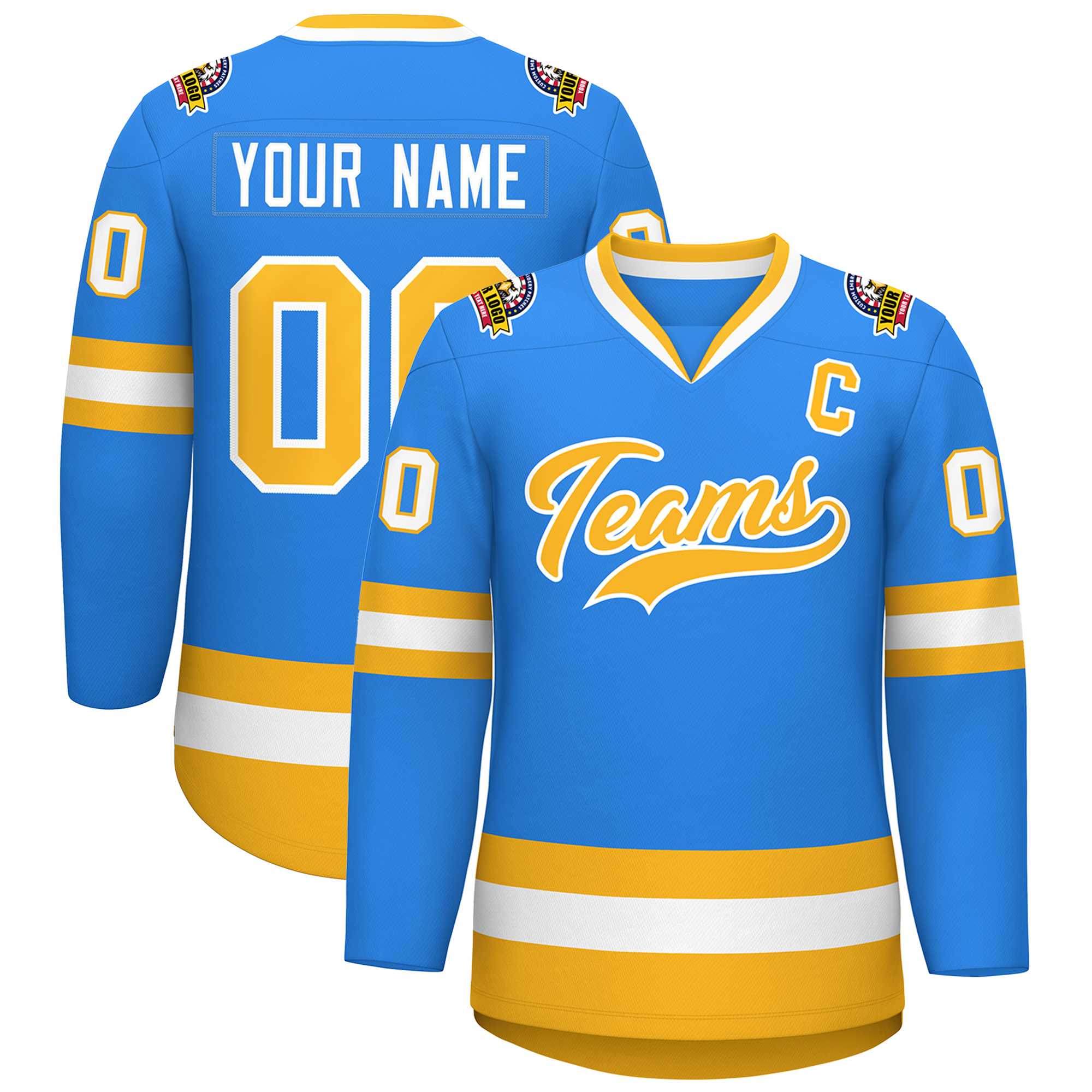 Custom Powder Blue Gold-White Classic Style Hockey Jersey | KXKSHOP