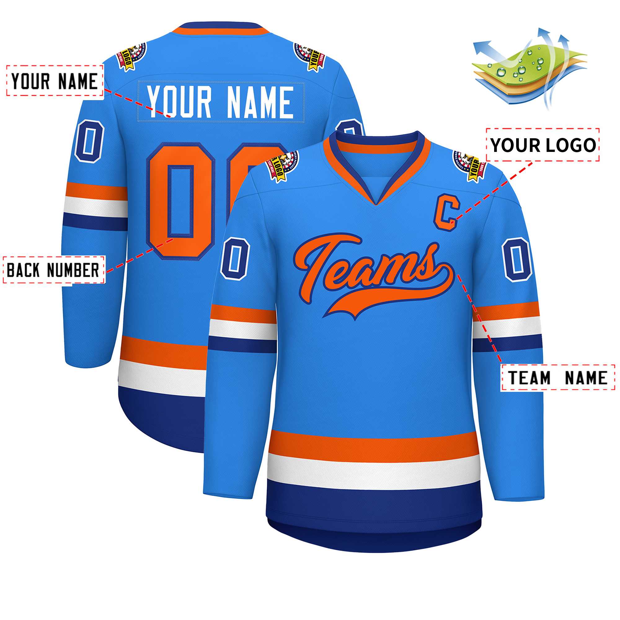 Custom Powder Blue Orange-Royal Classic Style Hockey Jersey | KXKSHOP
