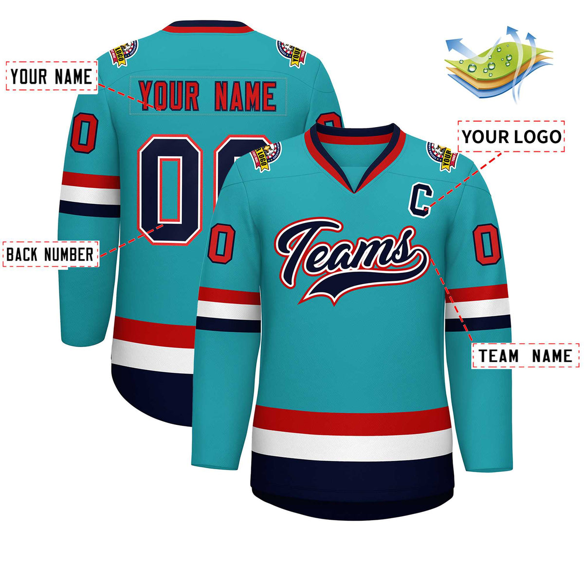 Custom Aqua Navy White-Red Classic Style Hockey Jersey | KXKSHOP