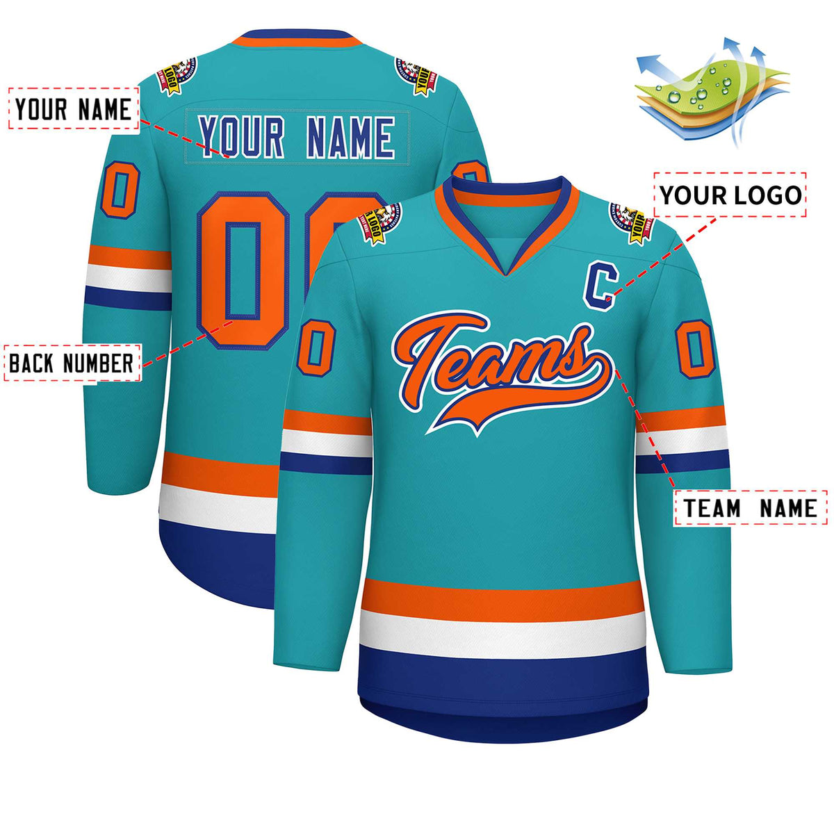 Custom Aqua Orange Royal-White Classic Style Hockey Jersey | KXKSHOP