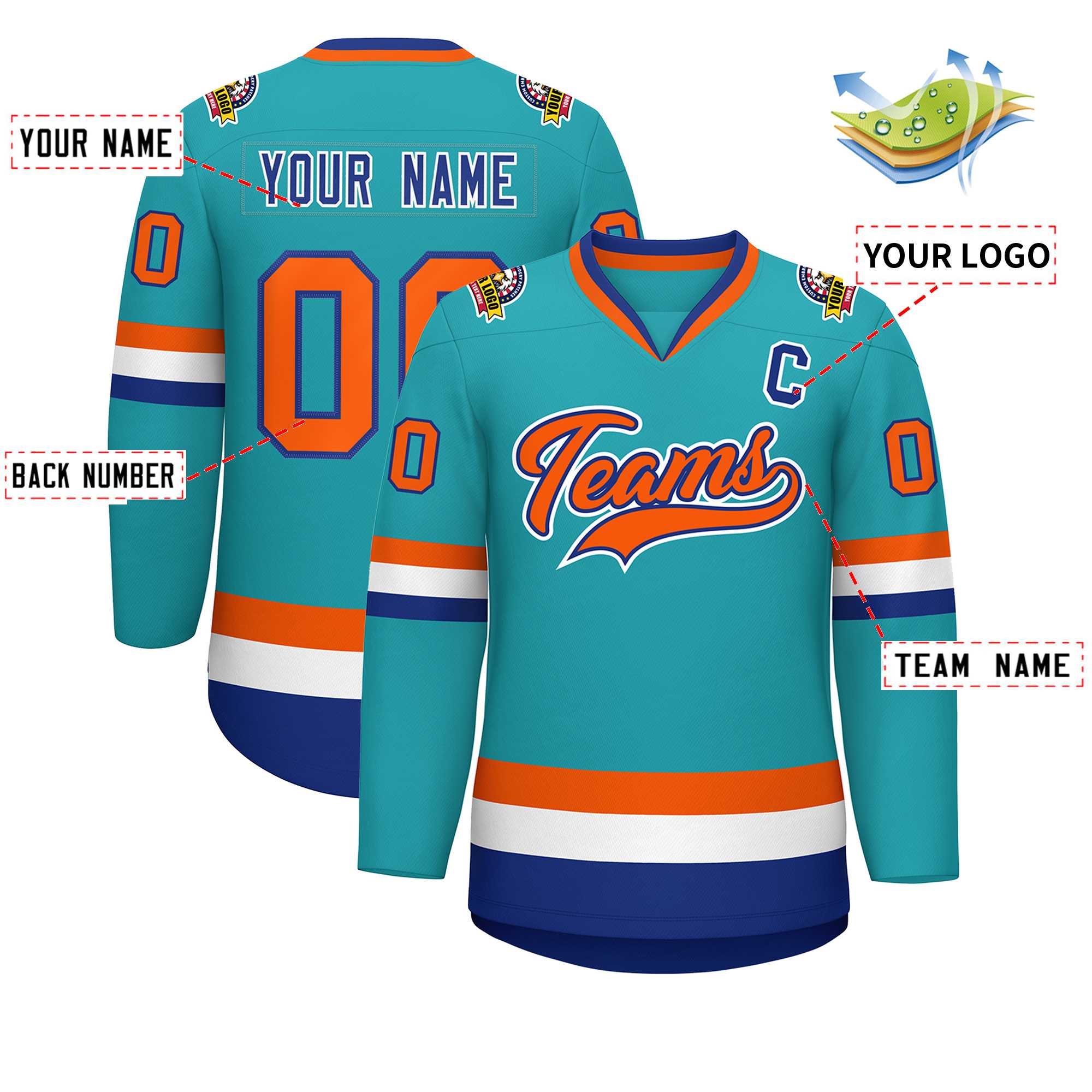 Custom Aqua Orange Royal-White Classic Style Hockey Jersey | KXKSHOP