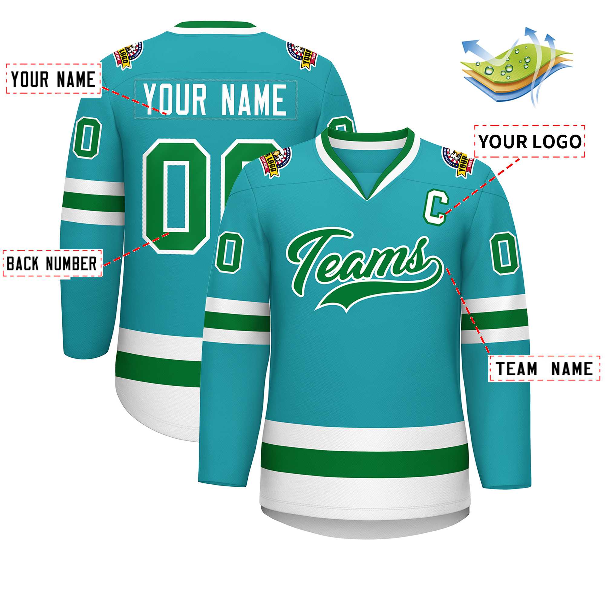 Custom Aqua Kelly Green-White Classic Style Hockey Jersey | KXKSHOP
