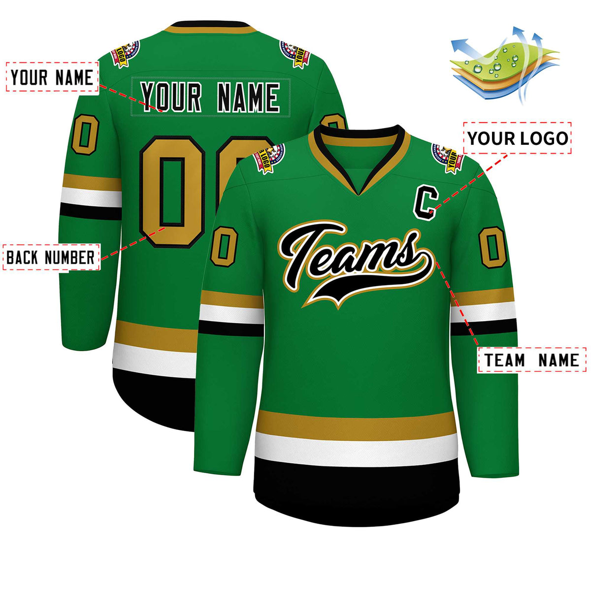 Custom Kelly Green Black White-Old Gold Classic Style Hockey Jersey | KXKSHOP