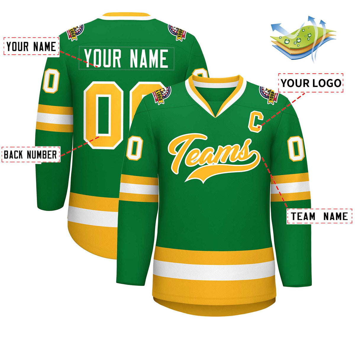 Custom Kelly Green Gold-White Classic Style Hockey Jersey | KXKSHOP