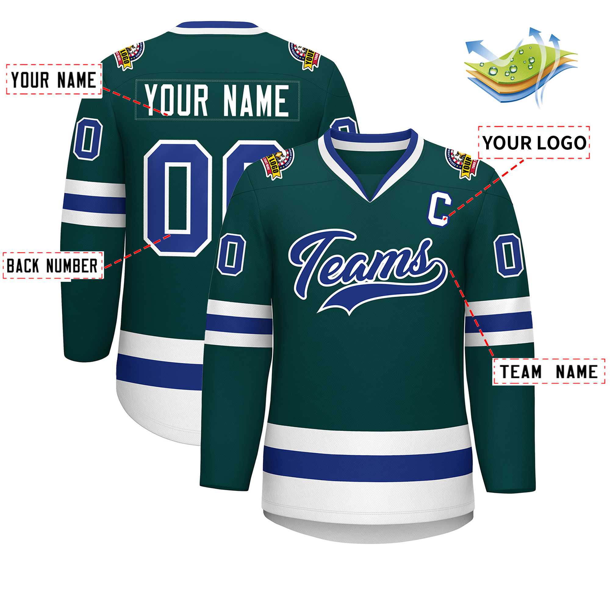 Custom Midnight Green Royal-White Classic Style Hockey Jersey | KXKSHOP