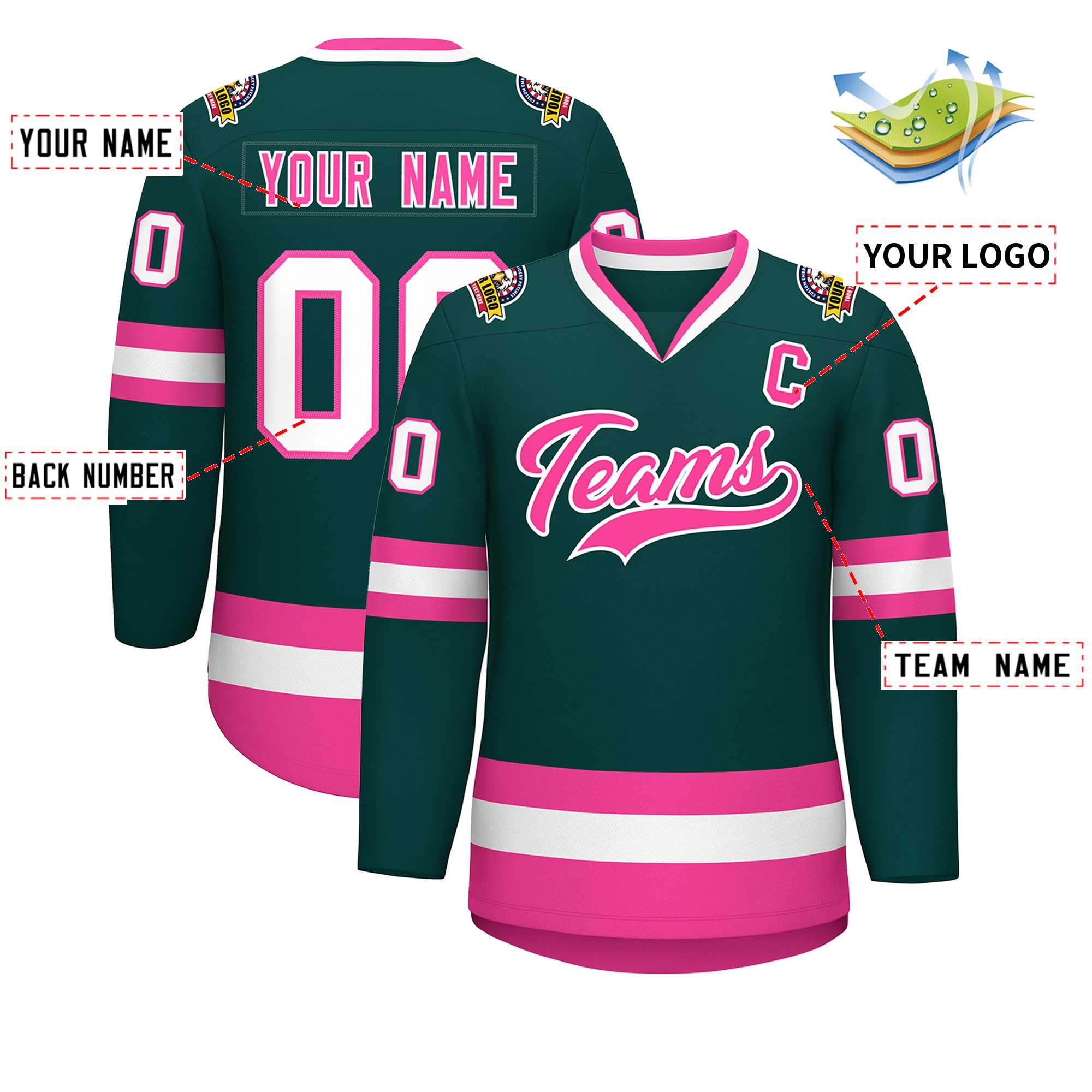 Custom Midnight Green Pink-White Classic Style Hockey Jersey | KXKSHOP