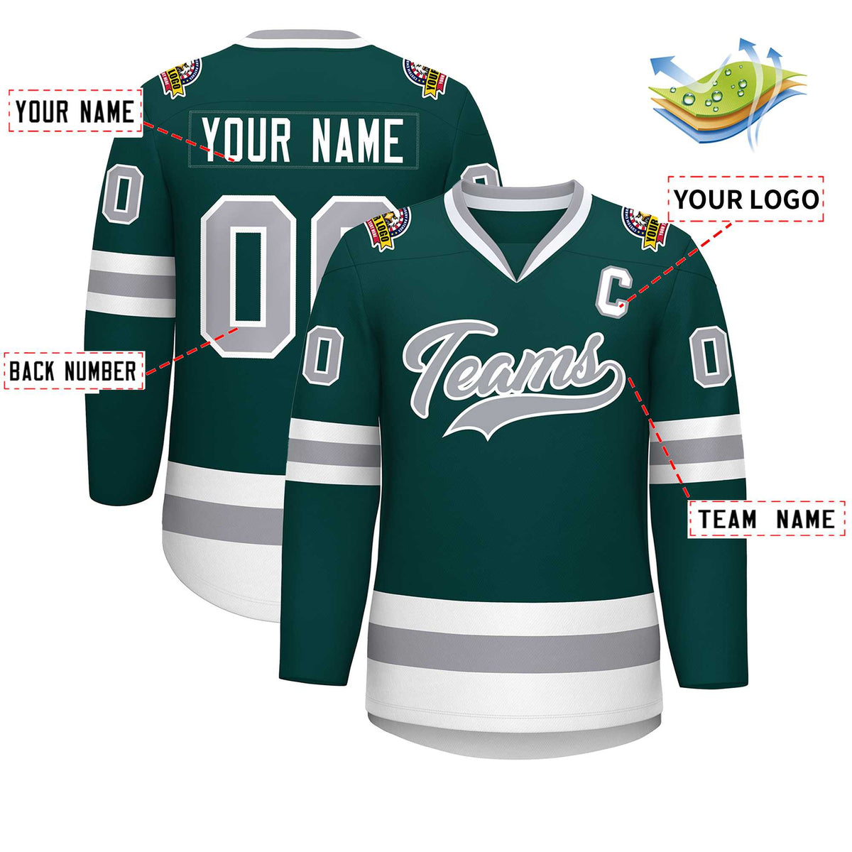Custom Midnight Green Gray-White Classic Style Hockey Jersey | KXKSHOP