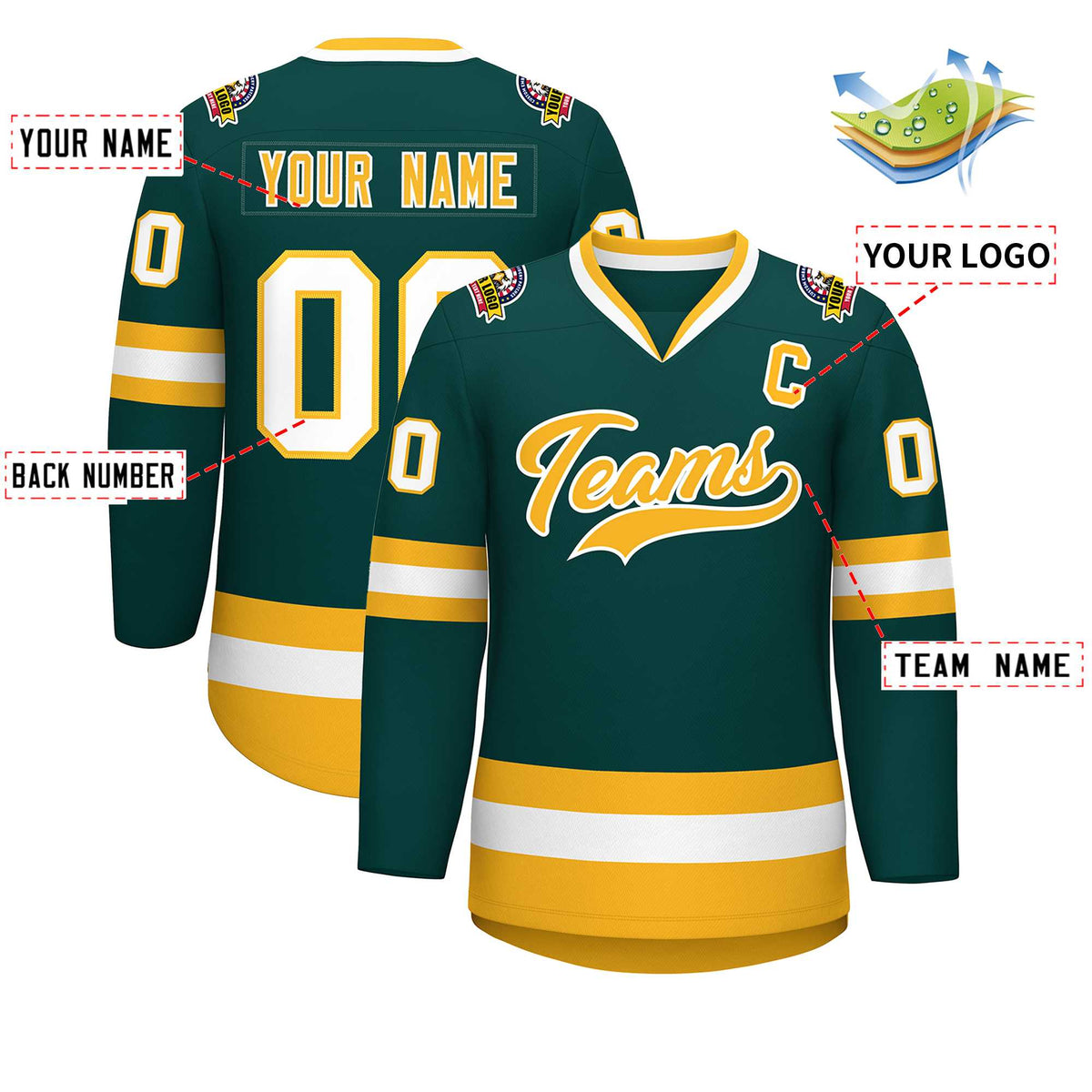 Custom Midnight Green Gold-White Classic Style Hockey Jersey | KXKSHOP