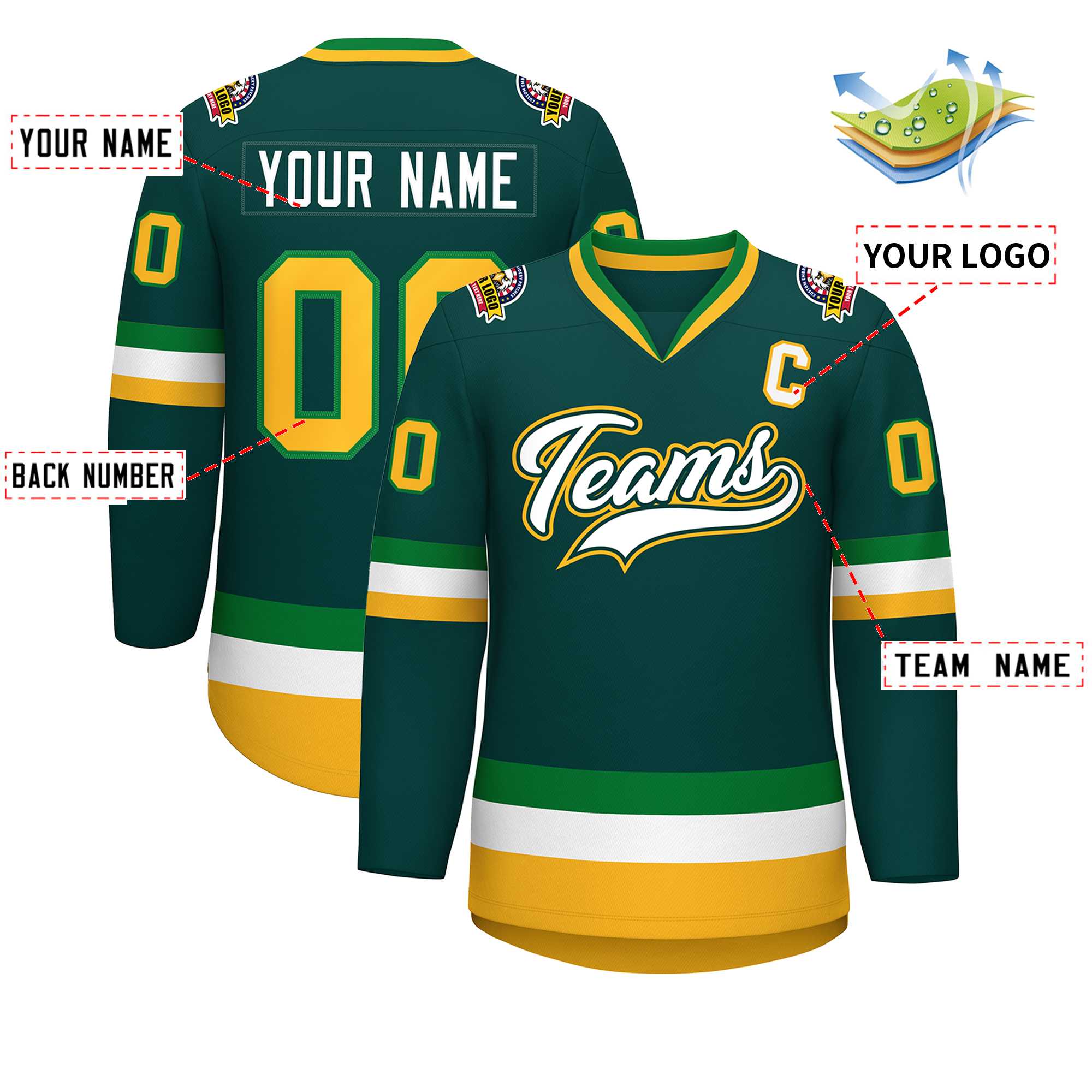 Custom Midnight Green White Kelly Green-Gold Classic Style Hockey Jersey | KXKSHOP