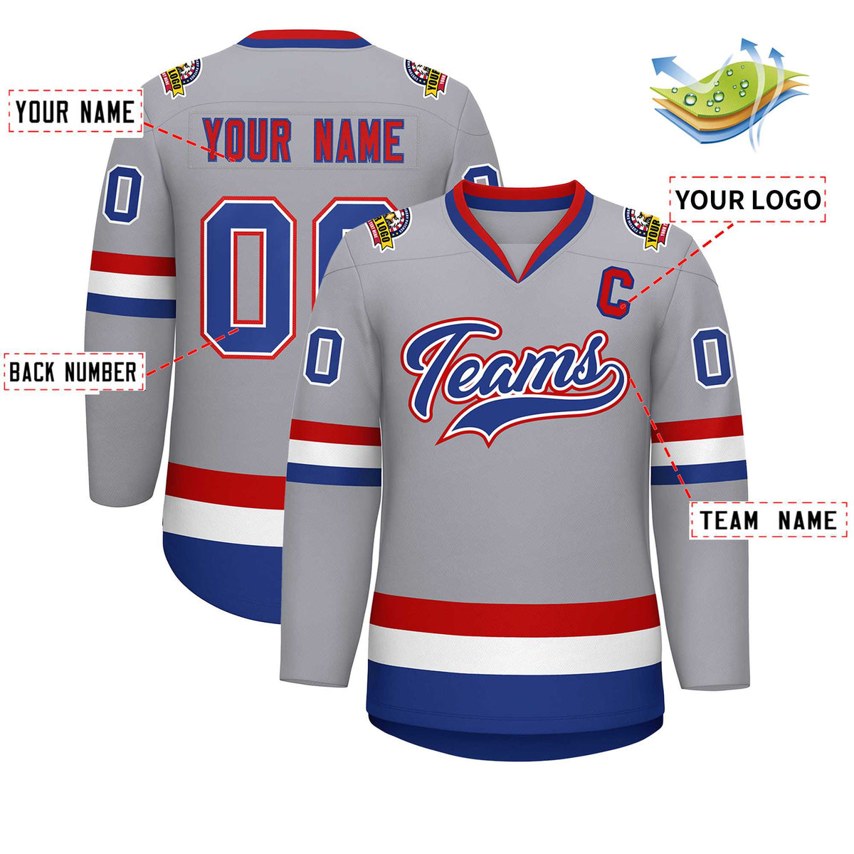 Custom Gray Royal White-Red Classic Style Hockey Jersey | KXKSHOP