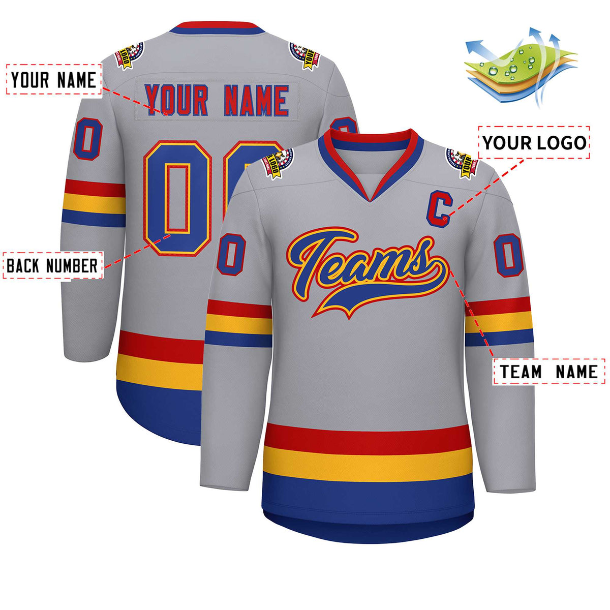 Custom Gray Royal Gold-Red Classic Style Hockey Jersey | KXKSHOP