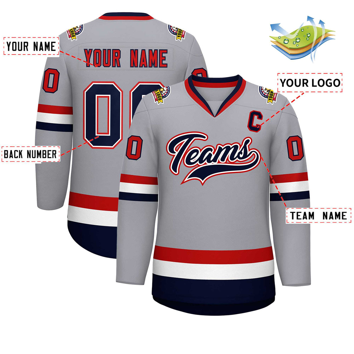 Custom Gray Navy White-Red Classic Style Hockey Jersey | KXKSHOP
