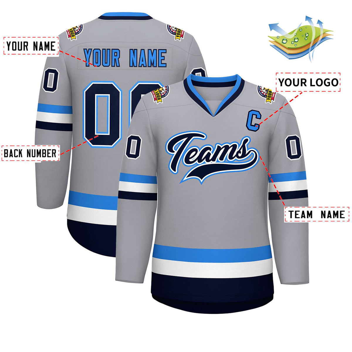 Custom Gray Navy White-Powder Blue Classic Style Hockey Jersey | KXKSHOP