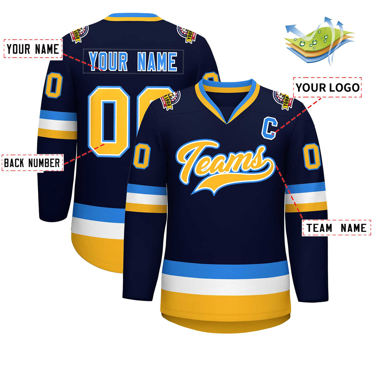 Custom Navy Gold White-Powder Blue Classic Style Hockey Jersey | KXKSHOP