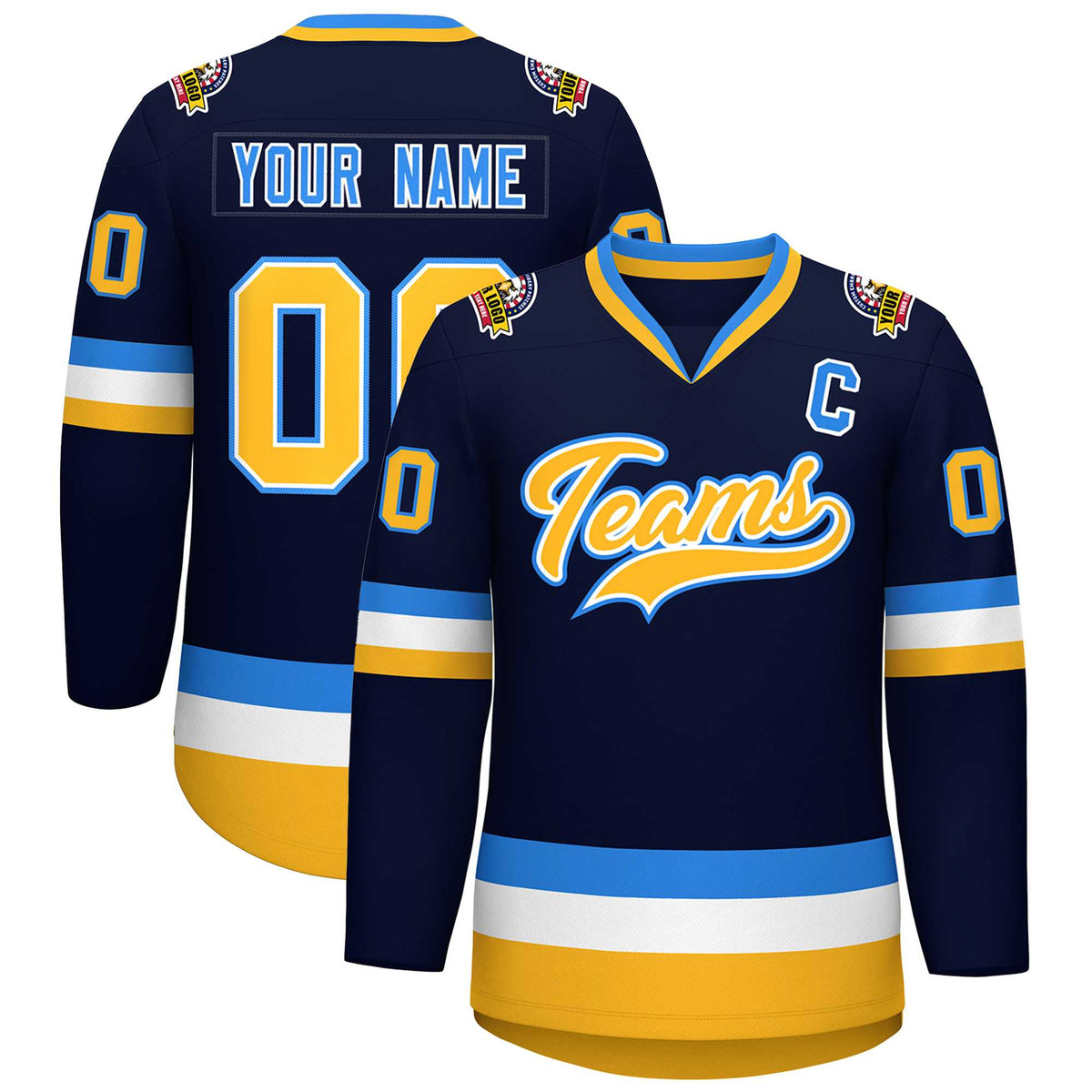 Custom Navy Gold White-Powder Blue Classic Style Hockey Jersey | KXKSHOP