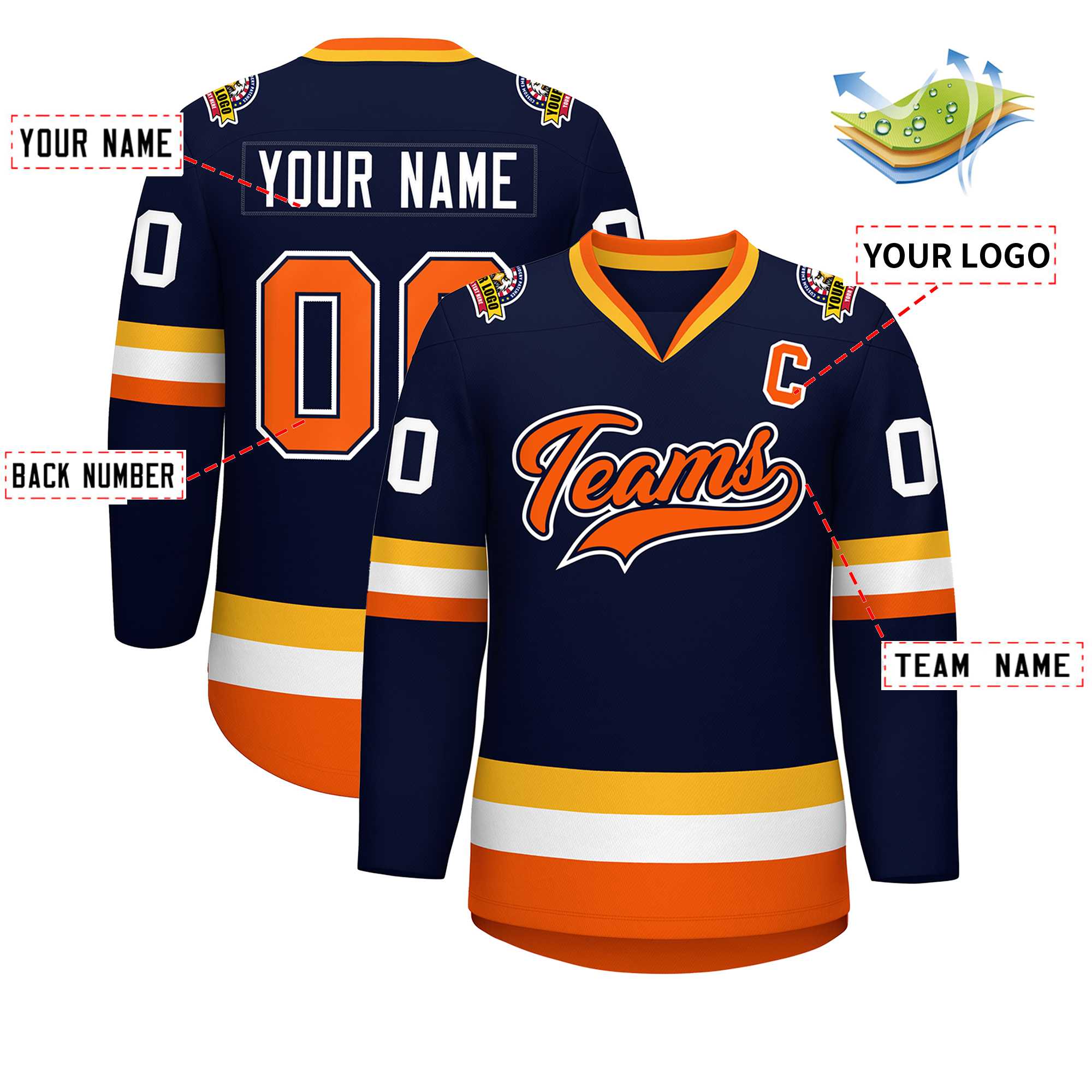 Custom Navy Orange Navy-White Classic Style Hockey Jersey | KXKSHOP