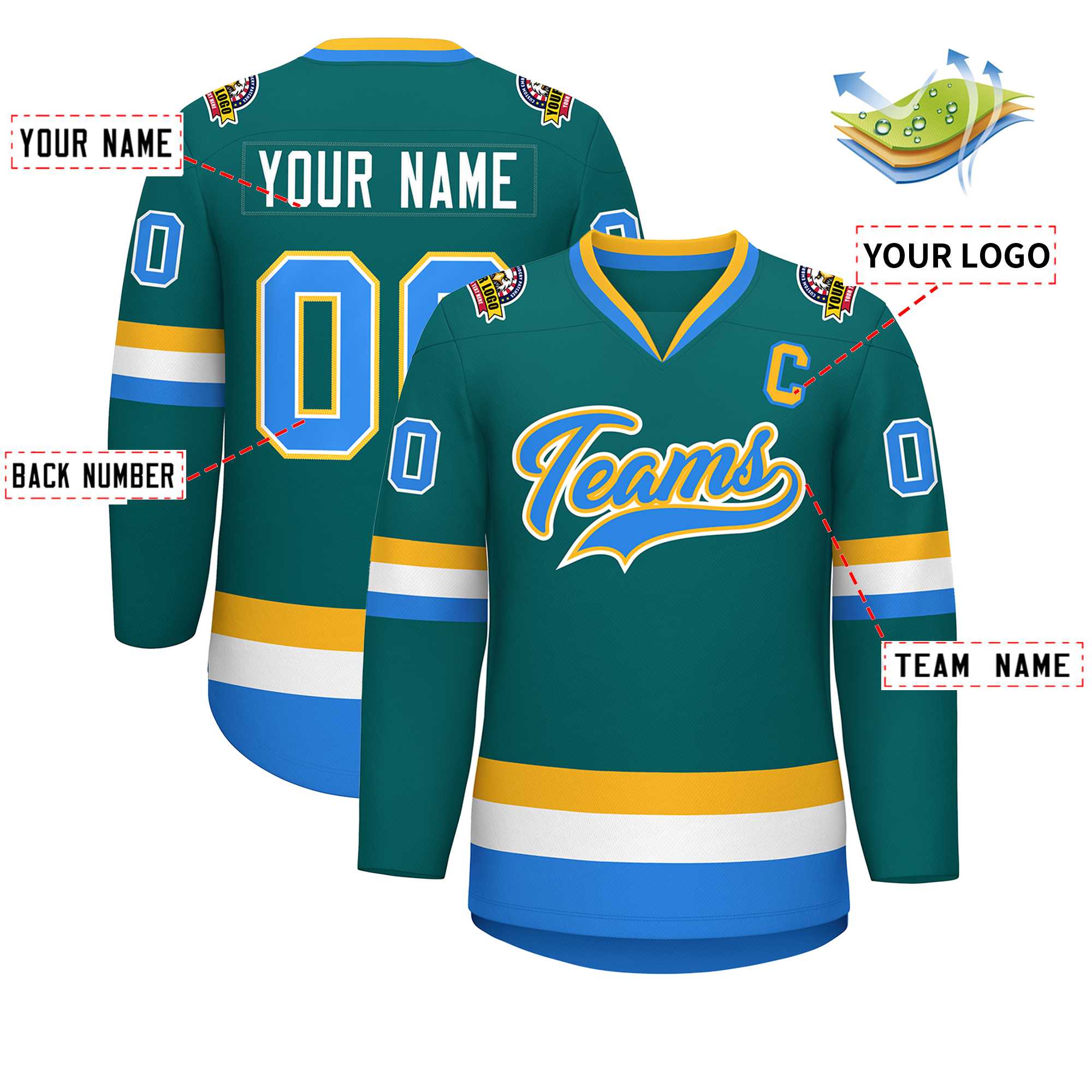 Custom Teal Powder Blue White-Gold Classic Style Hockey Jersey | KXKSHOP