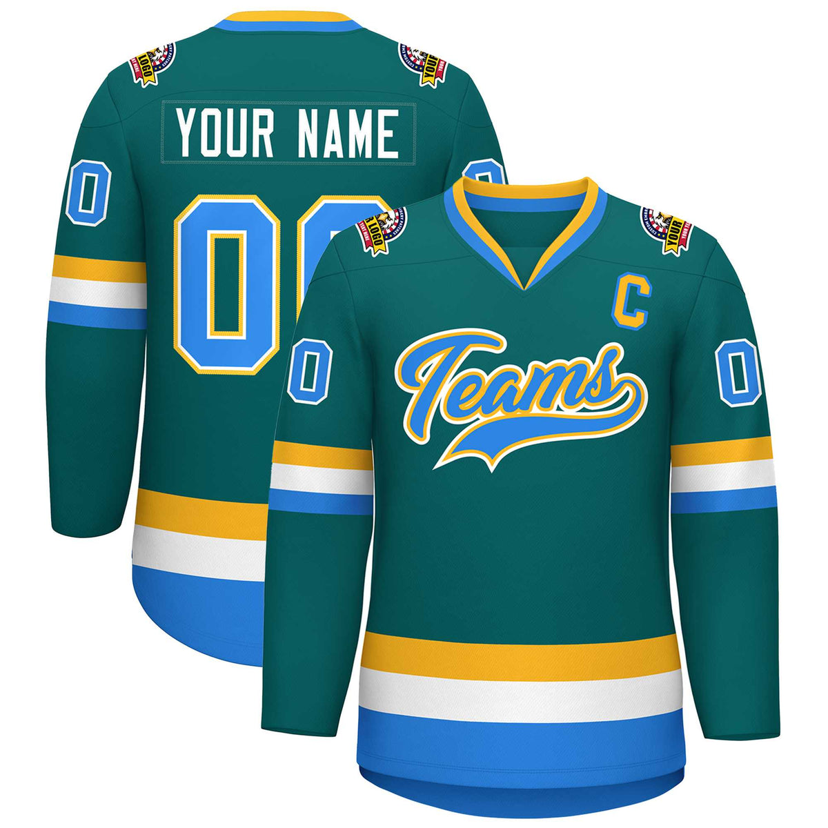 Custom Teal Powder Blue White-Gold Classic Style Hockey Jersey | KXKSHOP