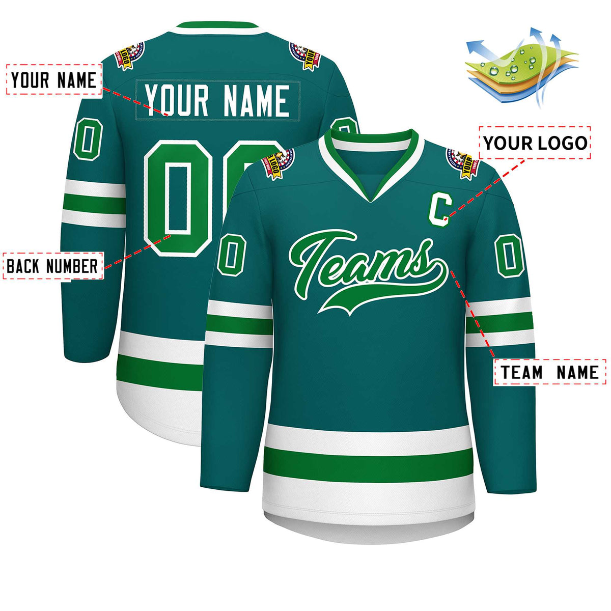 Custom Teal Kelly Green-White Classic Style Hockey Jersey | KXKSHOP