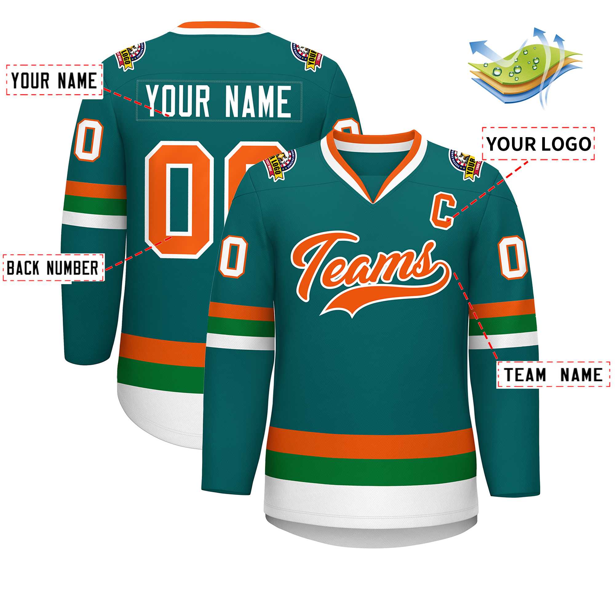 Custom Teal Orange-White Classic Style Hockey Jersey | KXKSHOP