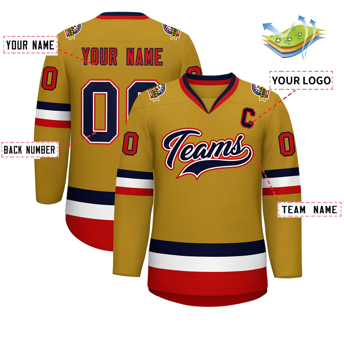 Custom Old Gold Navy White-Red Classic Style Hockey Jersey | KXKSHOP