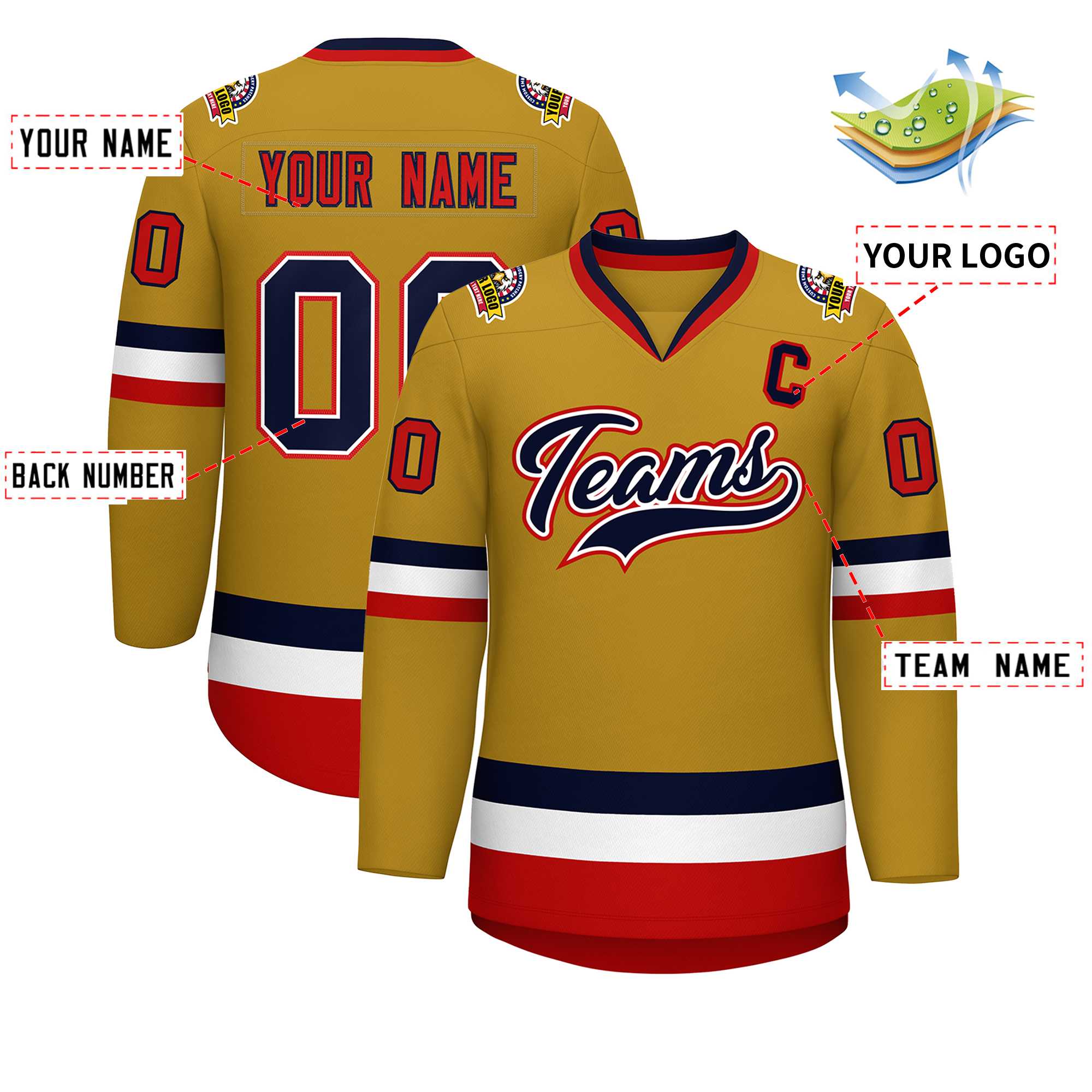 Custom Old Gold Navy White-Red Classic Style Hockey Jersey | KXKSHOP