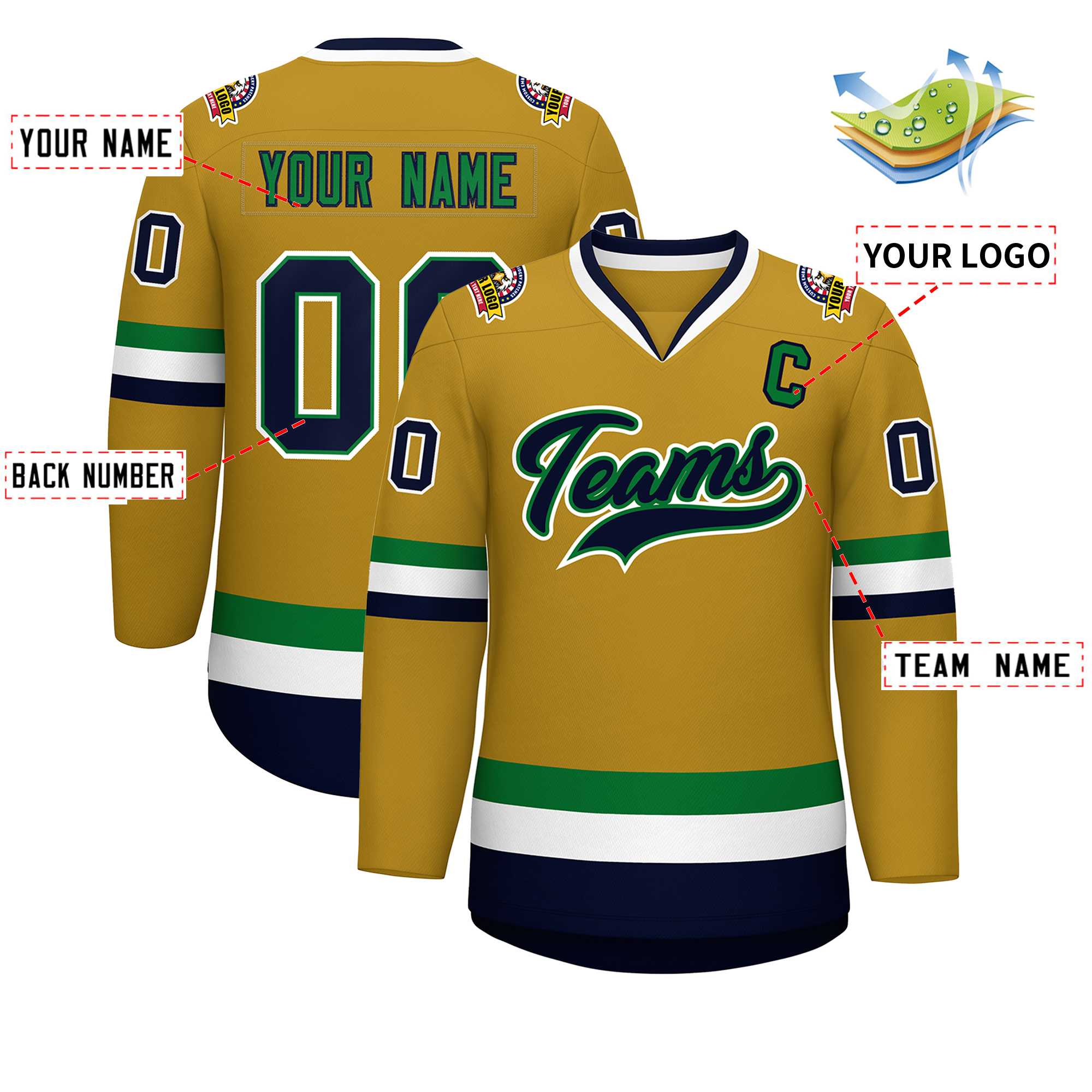 Custom Old Gold Navy Kelly Green-White Classic Style Hockey Jersey | KXKSHOP