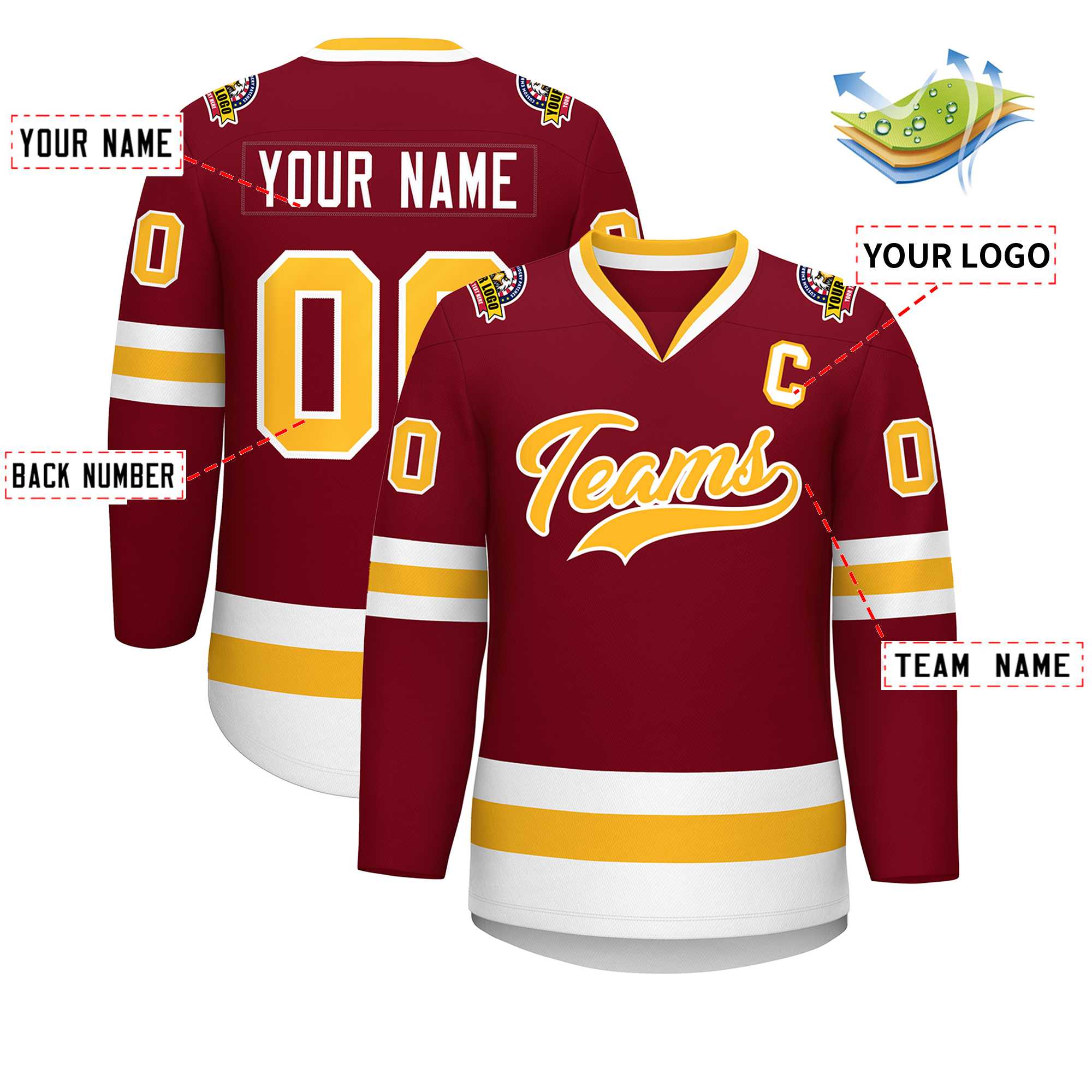 Custom Crimson Gold-White Classic Style Hockey Jersey | KXKSHOP