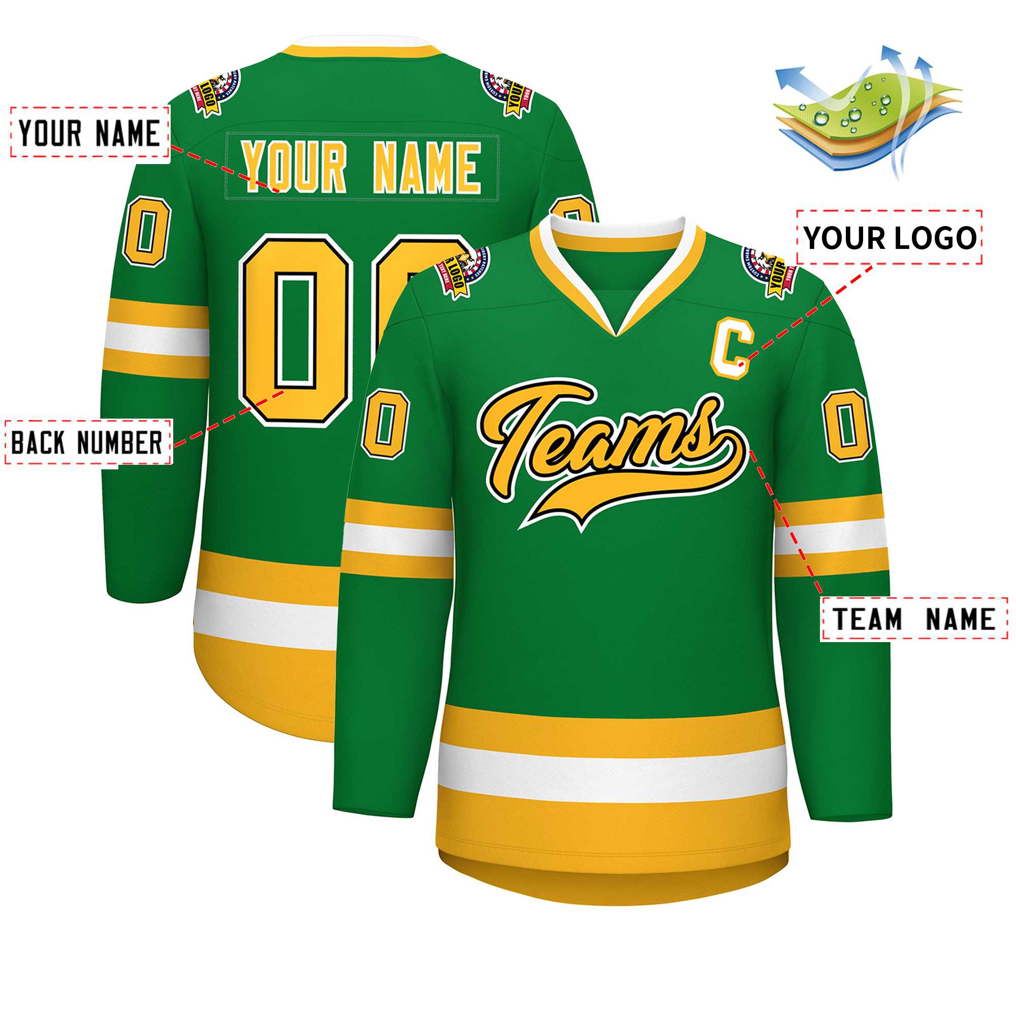 Custom Kelly Green Gold Black-White Classic Style Hockey Jersey | KXKSHOP