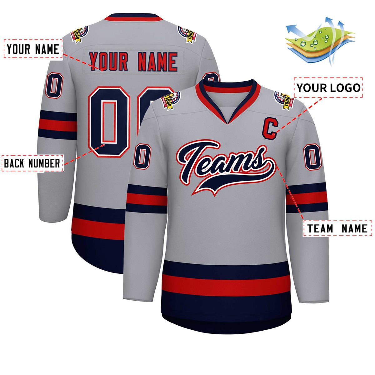 Custom Gray Navy White-Red Classic Style Hockey Jersey | KXKSHOP