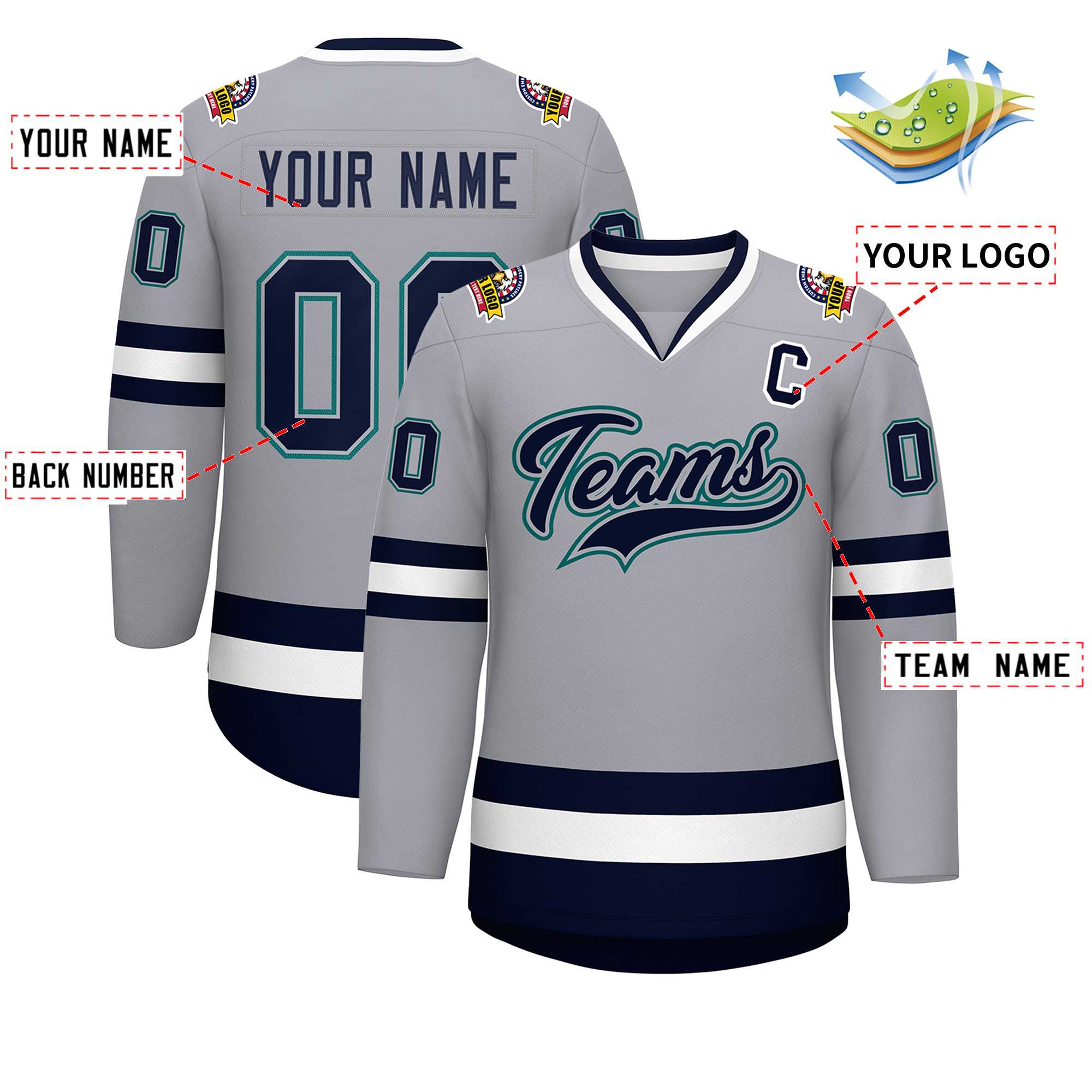 Custom Gray Navy Gray-Aqua Classic Style Hockey Jersey | KXKSHOP
