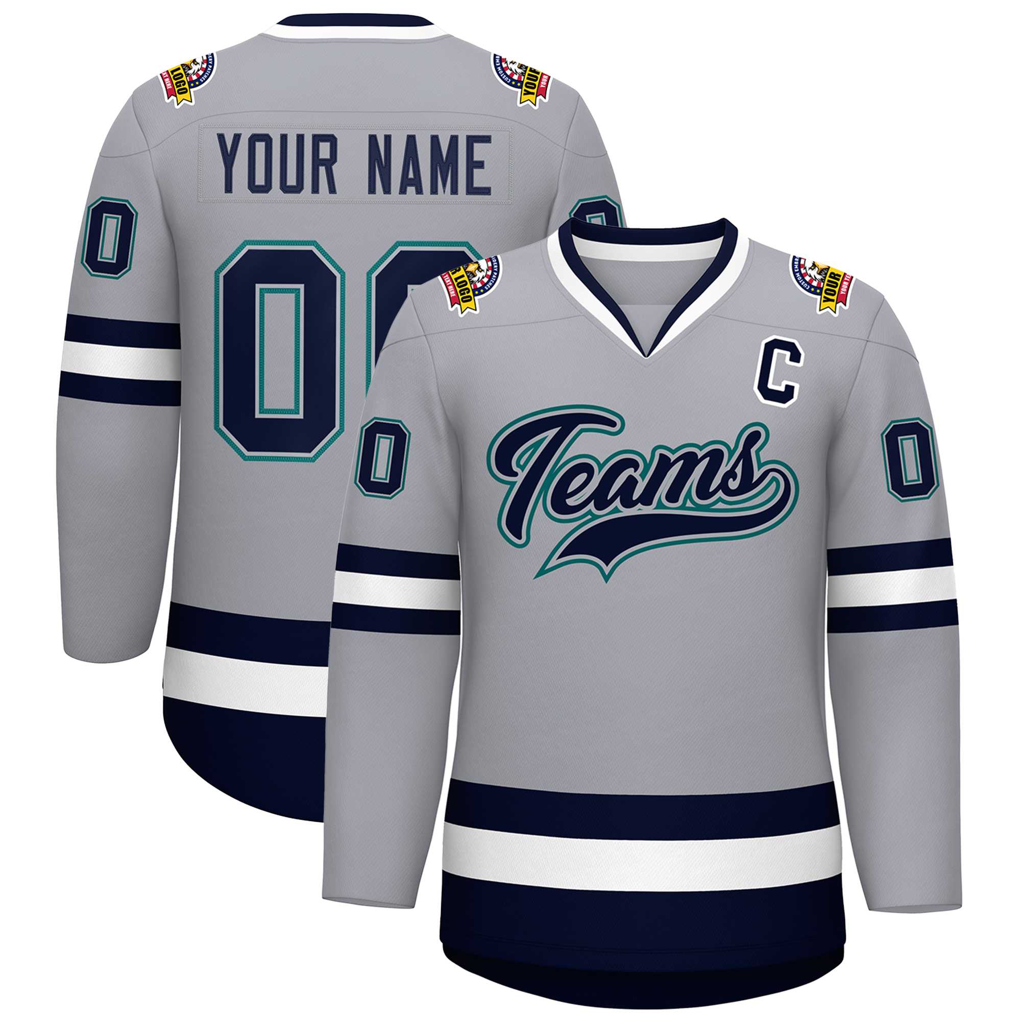 Custom Gray Navy Gray-Aqua Classic Style Hockey Jersey | KXKSHOP