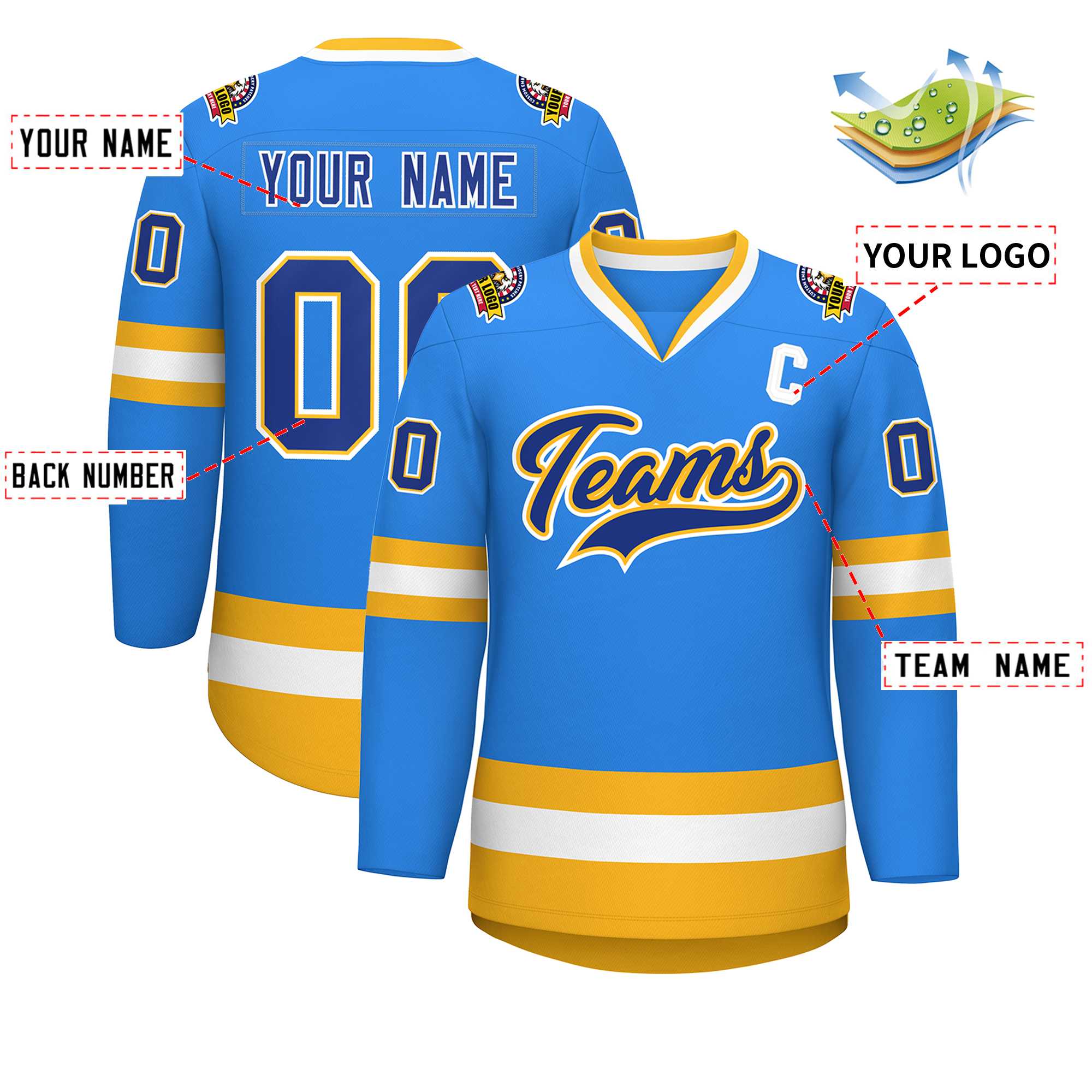 Custom Powder Blue Royal Gold-White Classic Style Hockey Jersey | KXKSHOP