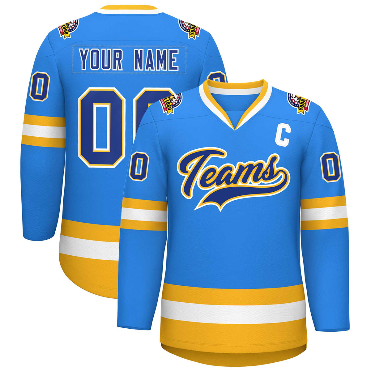 Custom Powder Blue Royal Gold-White Classic Style Hockey Jersey | KXKSHOP