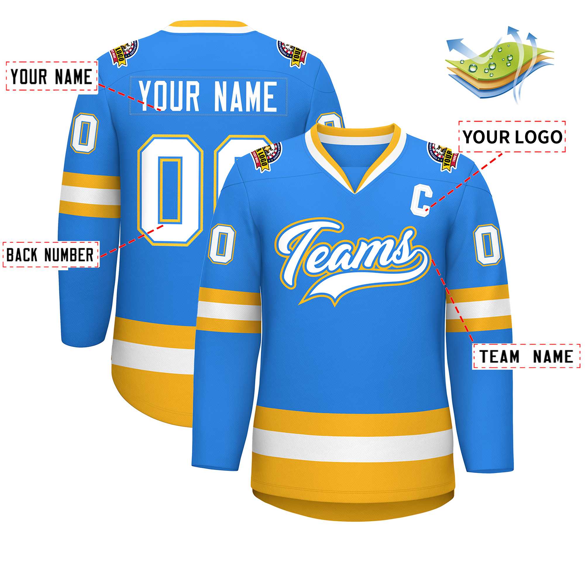 Custom Powder Blue White Powder Blue-Gold Classic Style Hockey Jersey | KXKSHOP