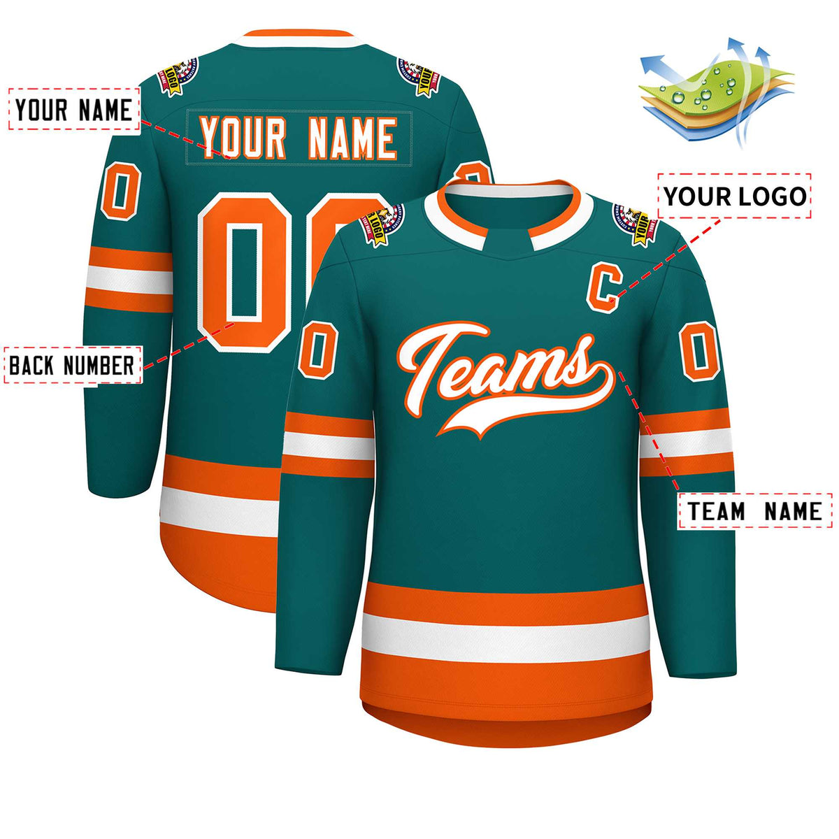 Custom Teal White-Orange Classic Style Hockey Jersey | KXKSHOP