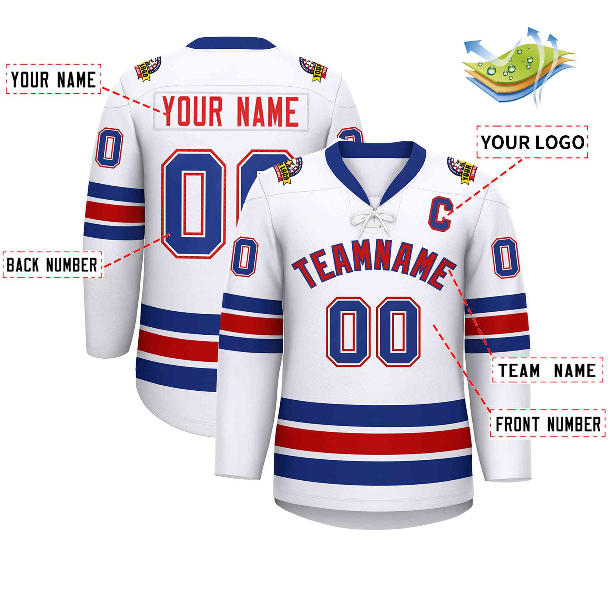 Custom White Royal-Red Lace-Up Neck Hockey Jersey | KXKSHOP
