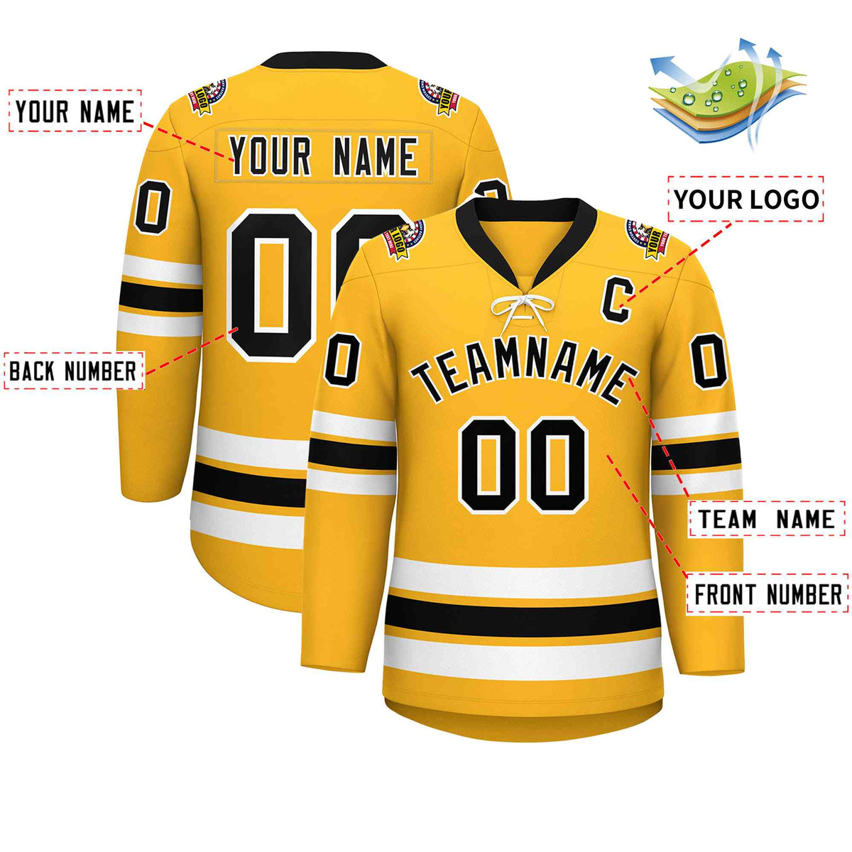 Custom Gold Black-White Lace-Up Neck Hockey Jersey | KXKSHOP