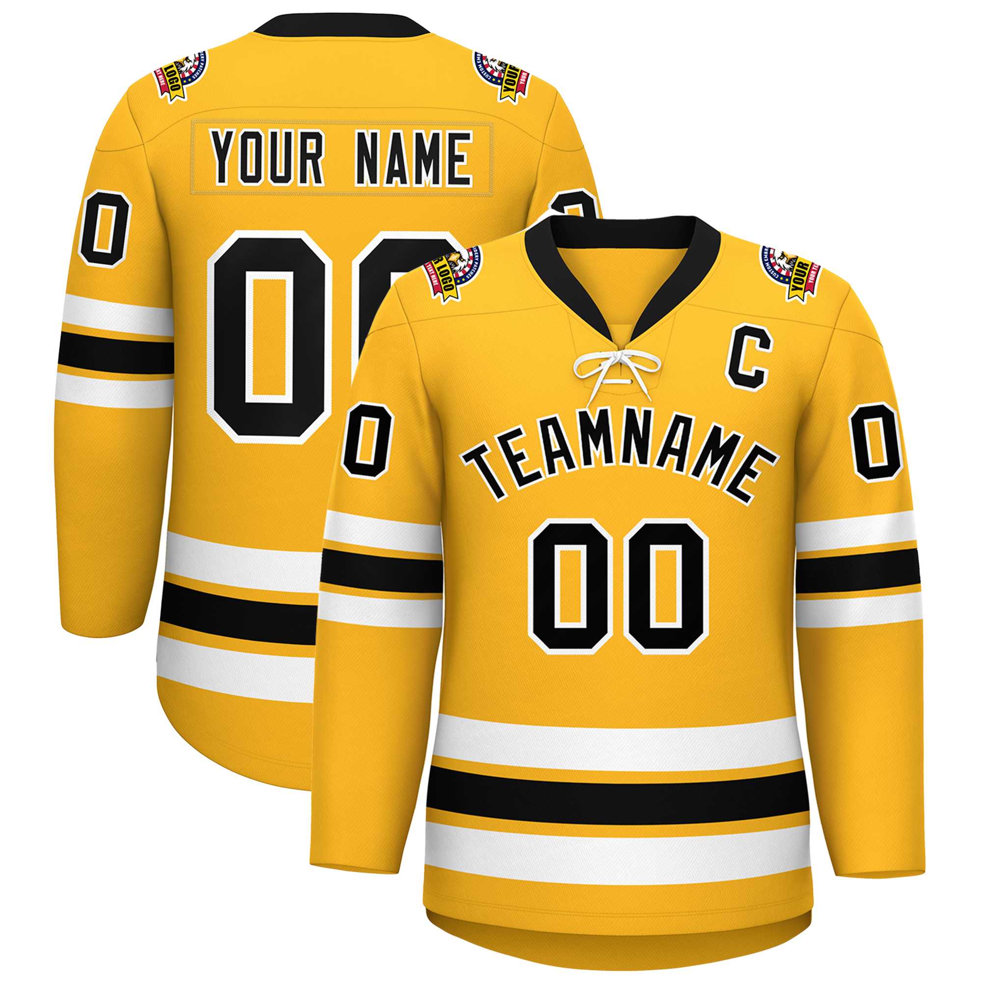 Custom Gold Black-White Lace-Up Neck Hockey Jersey | KXKSHOP