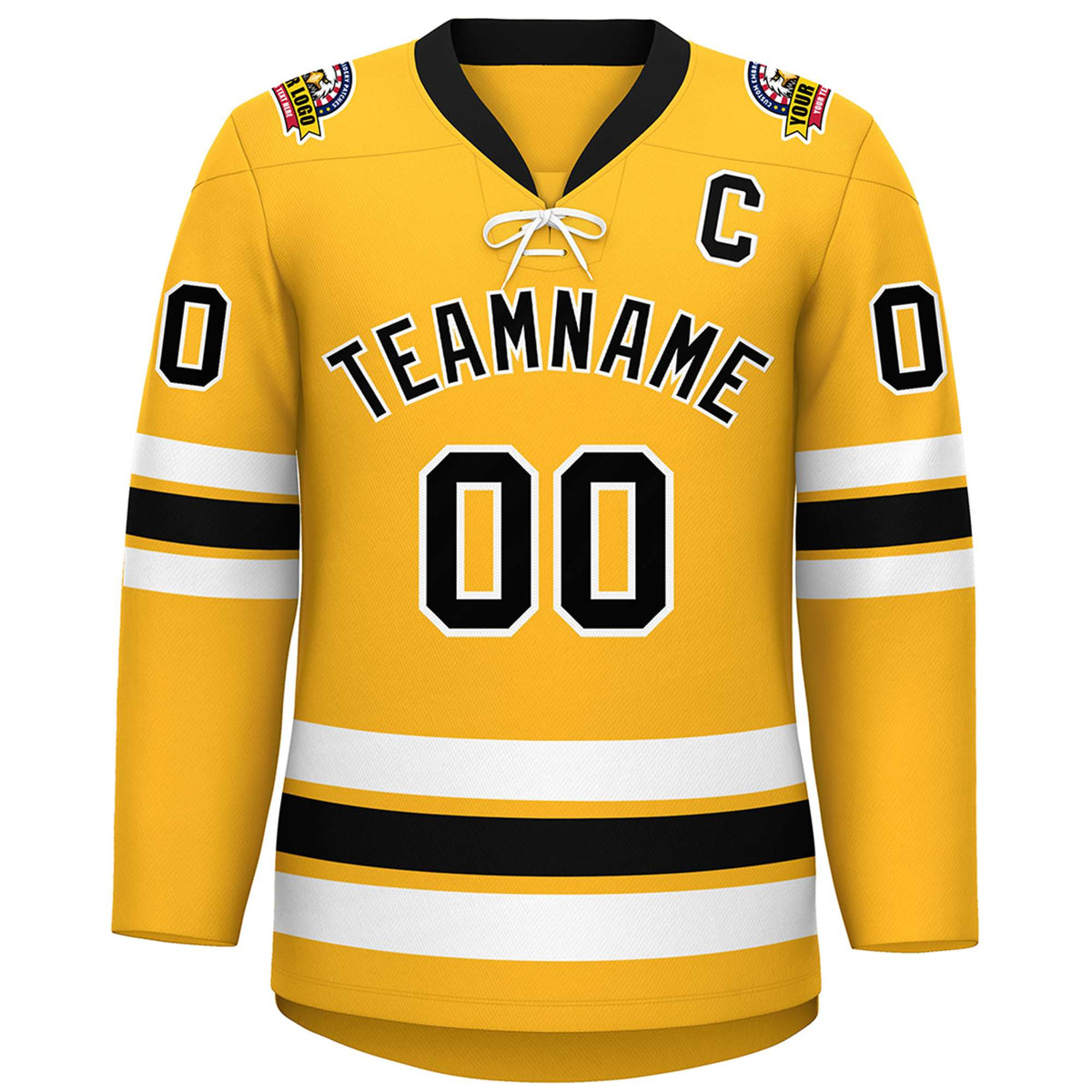 Custom Gold Black-White Lace-Up Neck Hockey Jersey | KXKSHOP