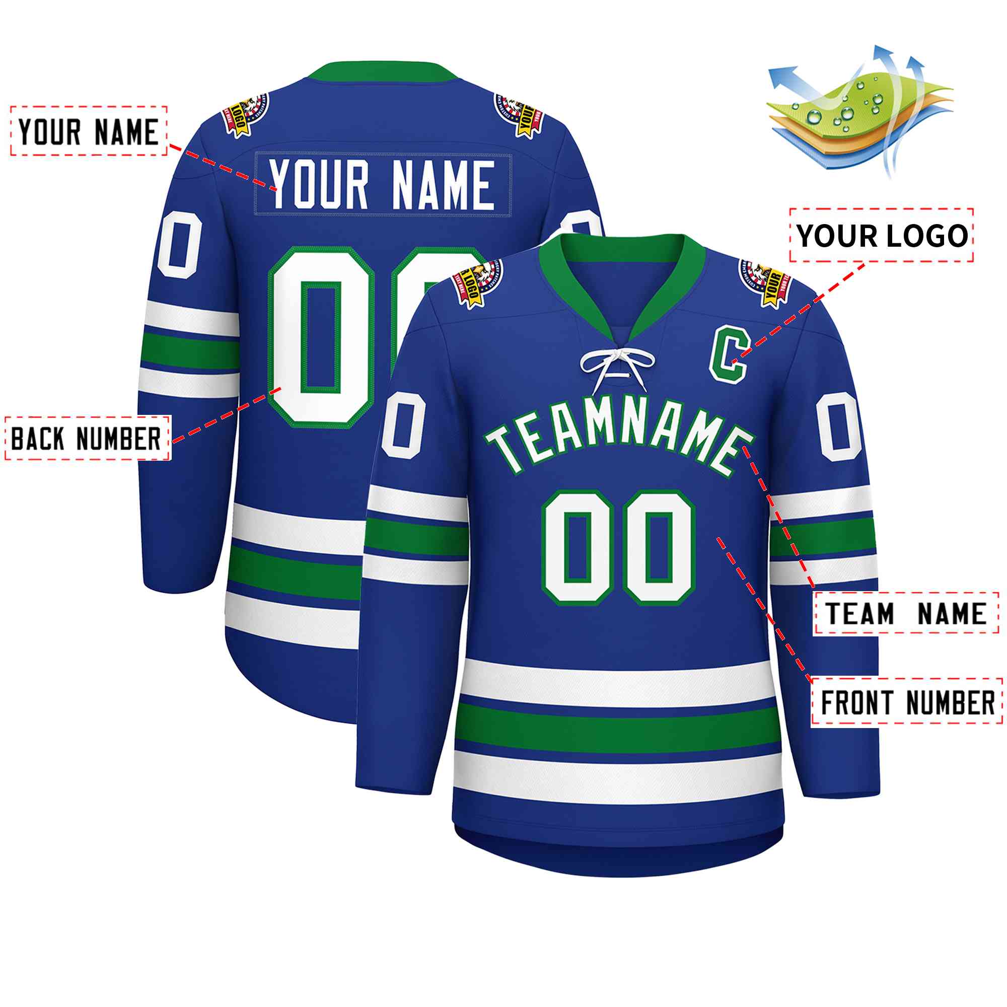 Custom Royal White-Kelly Green Lace-Up Neck Hockey Jersey | KXKSHOP