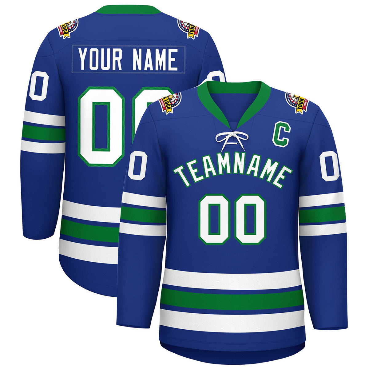 Custom Royal White-Kelly Green Lace-Up Neck Hockey Jersey | KXKSHOP