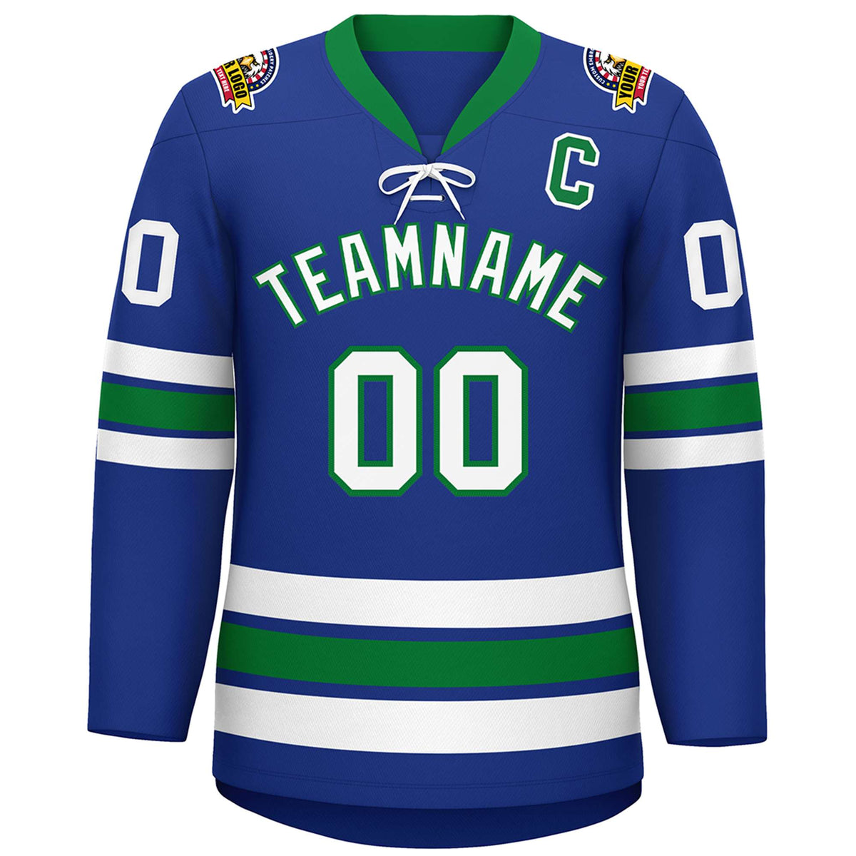 Custom Royal White-Kelly Green Lace-Up Neck Hockey Jersey | KXKSHOP