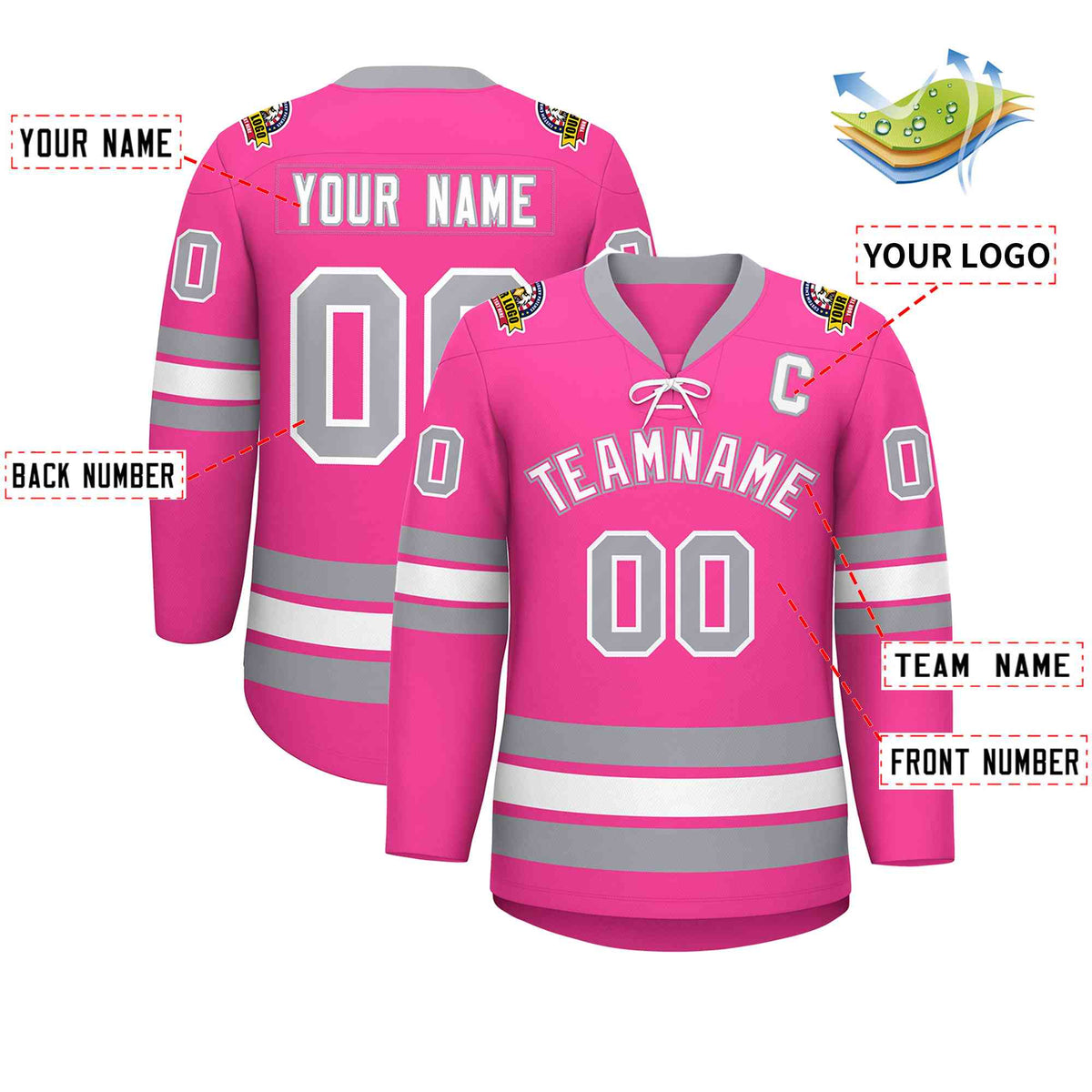Custom Pink White-Gray Lace-Up Neck Hockey Jersey | KXKSHOP